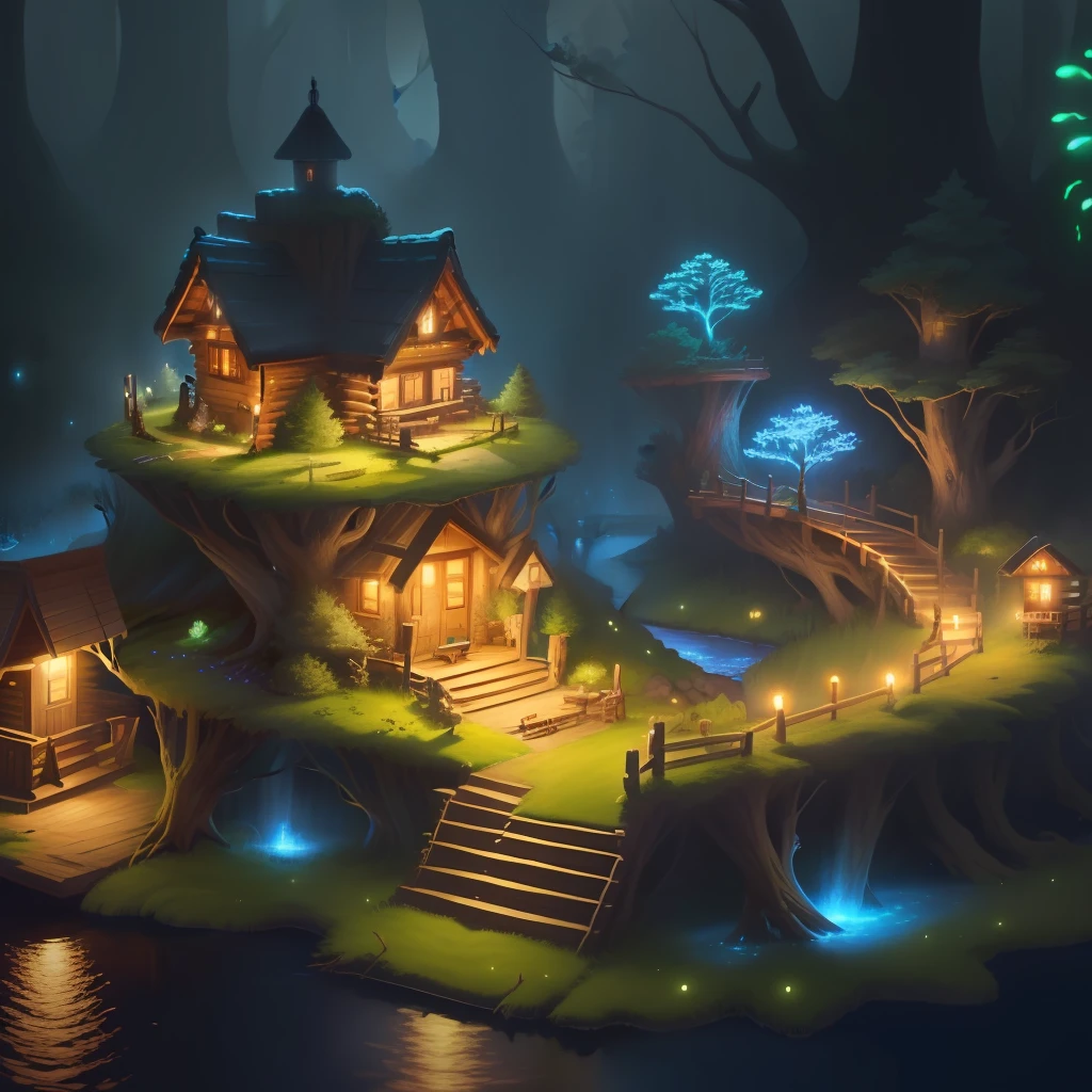 ln the forest,the night,glowworm,lakes,log cabin