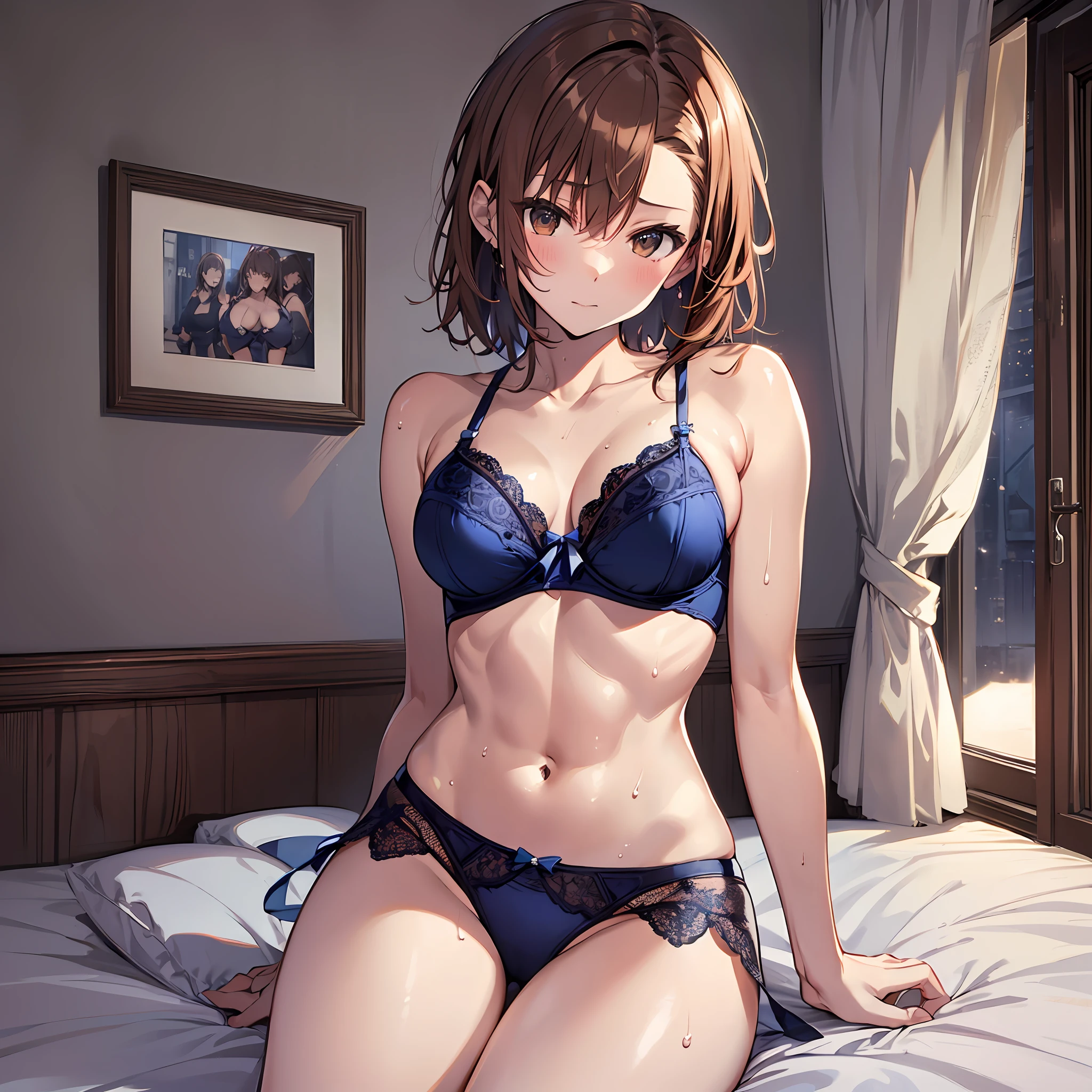 4kqulity, top-quality, Misaka_mikoto, Brown-eyed, Short_hair, Small_Breast,)on the beds Blue lingerie 16age sexypose Bewitching Mass sweat soaked body Miwaki beauty legs Beautiful abs Face to feel Love A large amount of milk