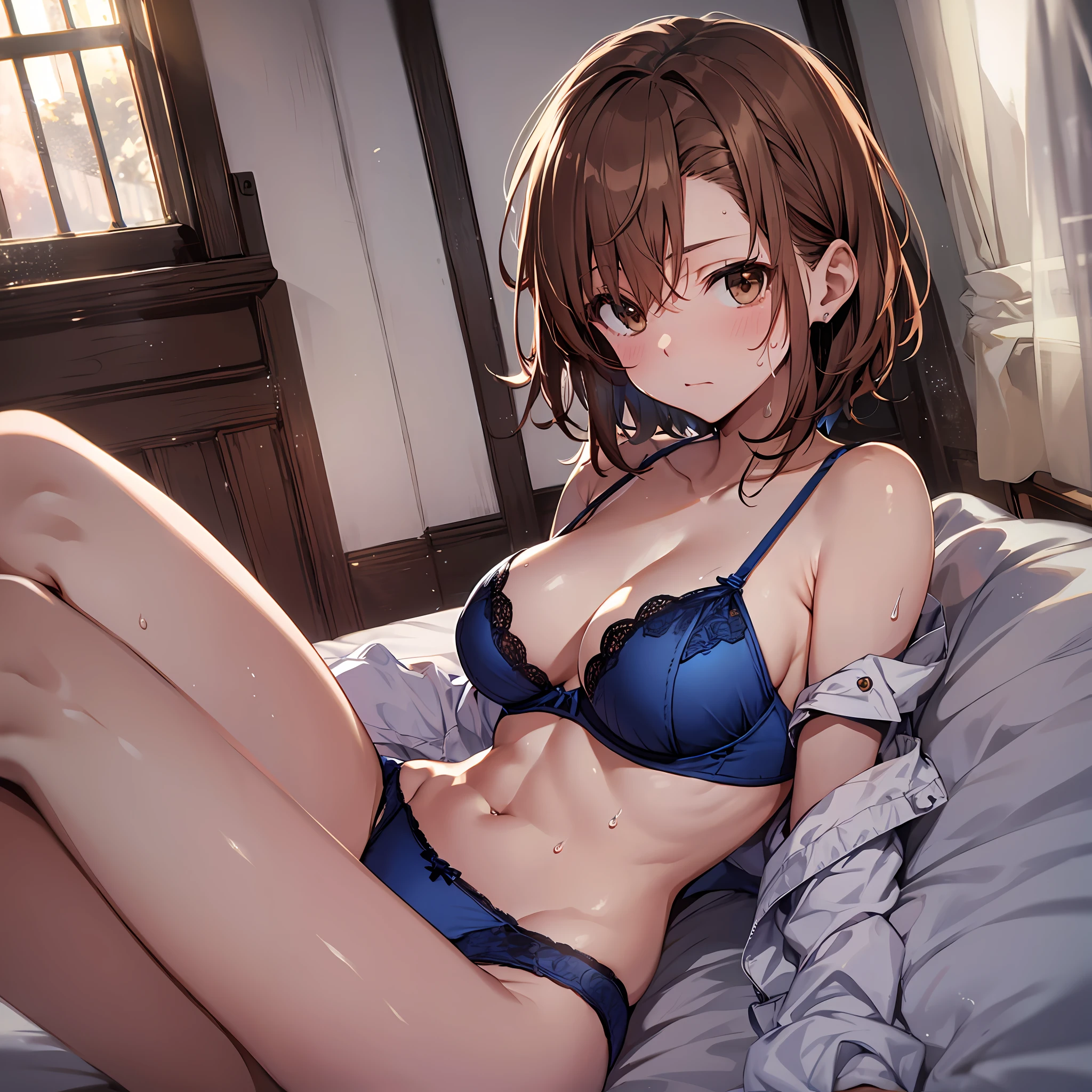 ４ｋqulity, top-quality, Misaka_mikoto, Brown-eyed, Short_hair, Small_Breast,）on the beds　Blue lingerie　１６age　sexypose　Bewitching　Mass sweat　soaked body　Miwaki　beauty legs　Beautiful abs　Face to feel　Love A large amount of milk