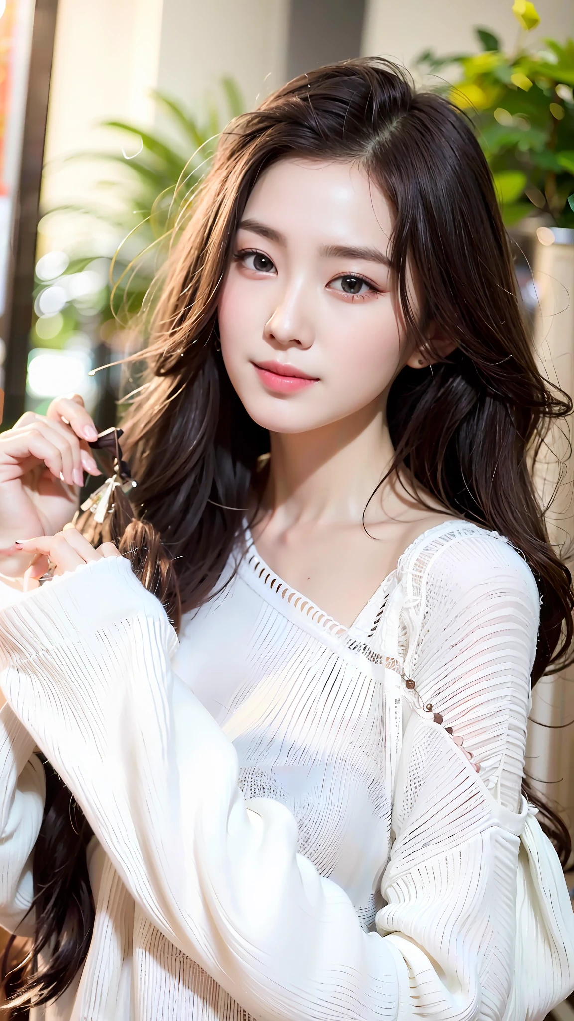 a close up of a woman with long hair wearing a white sweater, ruan jia beautiful!, dilraba dilmurat, Li Zixin, xintong chen, gorgeous chinese models, cute beautiful, Very beautiful girl, wenfei ye, beautiful pretty young, Beautiful girl model, shaxi, a cute young woman, Inspired by Tang Yifen, zmonzheng