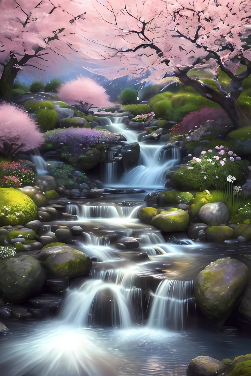 (detailed,(realistic:1.3),sharp details:1.3),(masterpiece:1.3),the most beautiful garden,flowing creak,birds flying around,sakura,epic realism,color explosion,peaceful,tranquility,(night),ultimate beauty,emotional,deep darkness,