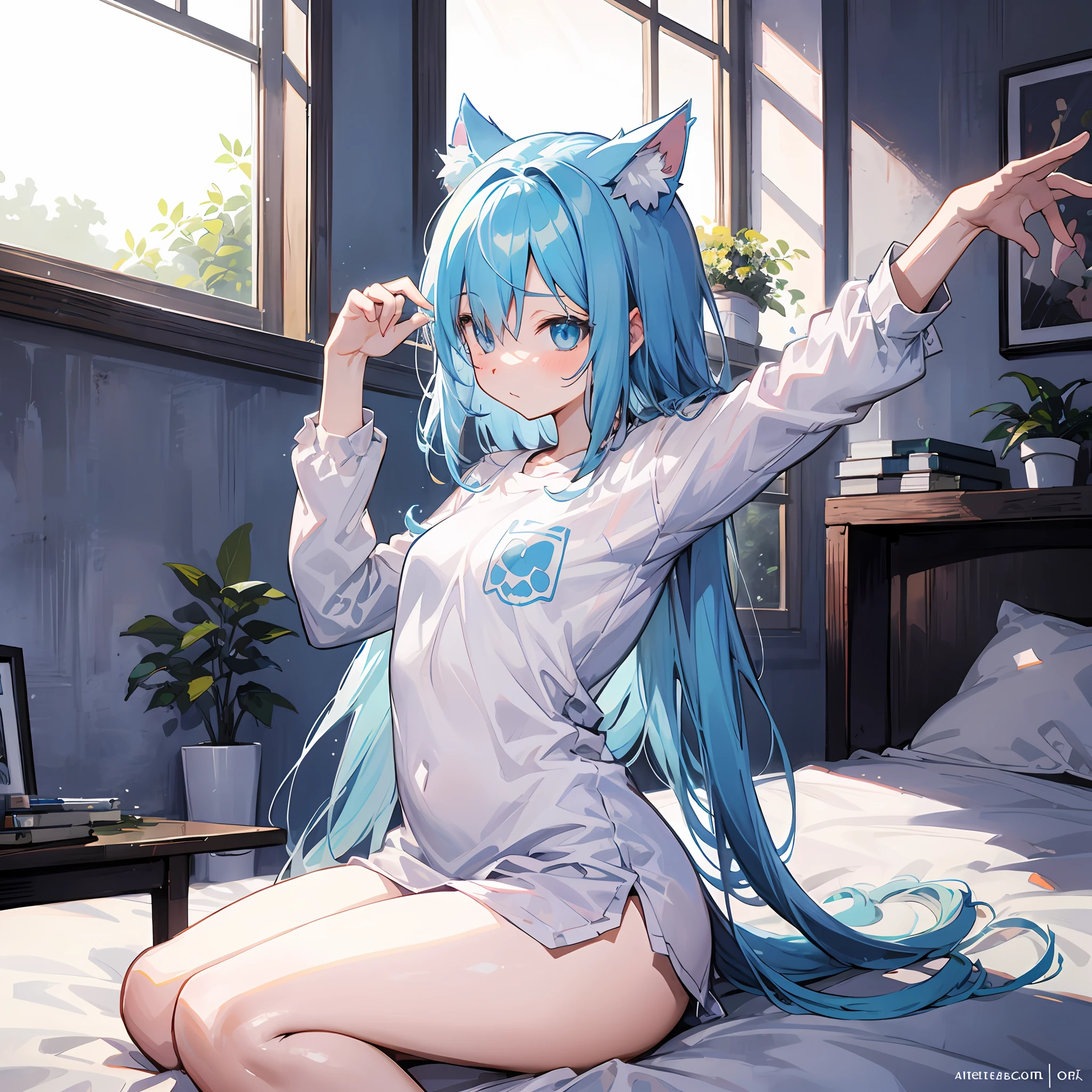 Anime - image in the style of a blue-haired woman sitting on a bed, Mikudayo, Anime girl with cat ears, Trending on ArtStation pixiv, beautiful anime catgirl, anime moe art style, Seductive Anime Girl, anime style 4 k, nightcore, Very Beautiful Anime Cat Girl, Top Rated on pixiv, anime catgirl, cute anime catgirl