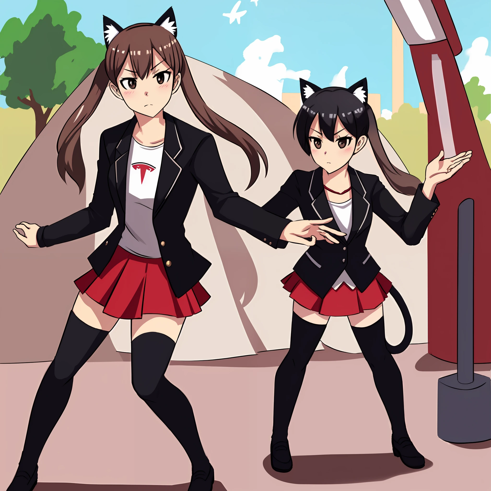 Highly detailed, High quality, masutepiece, Beautiful, Eron-chan, Red skirt, black thighhighs, Black jacket, Shirt, Fancy Seeker, tesla, Solo, 1girl in, Cat ears,