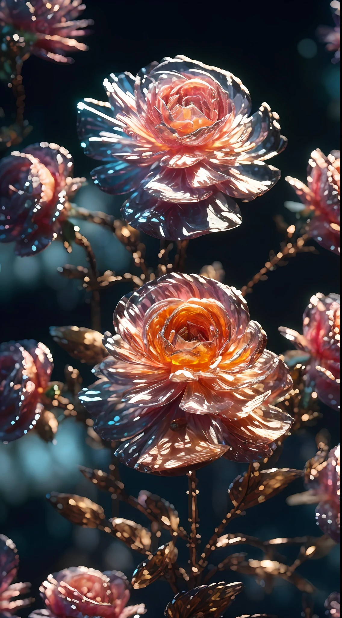 Crystal large peony, flower, fantasy, galaxy, Transparent, Shimmering, Sparkling, Gorgeous, Colorful, magical photography, dramatic  lighting, photo realism, ultradetailed, 4k, Depth of field, hight resolution