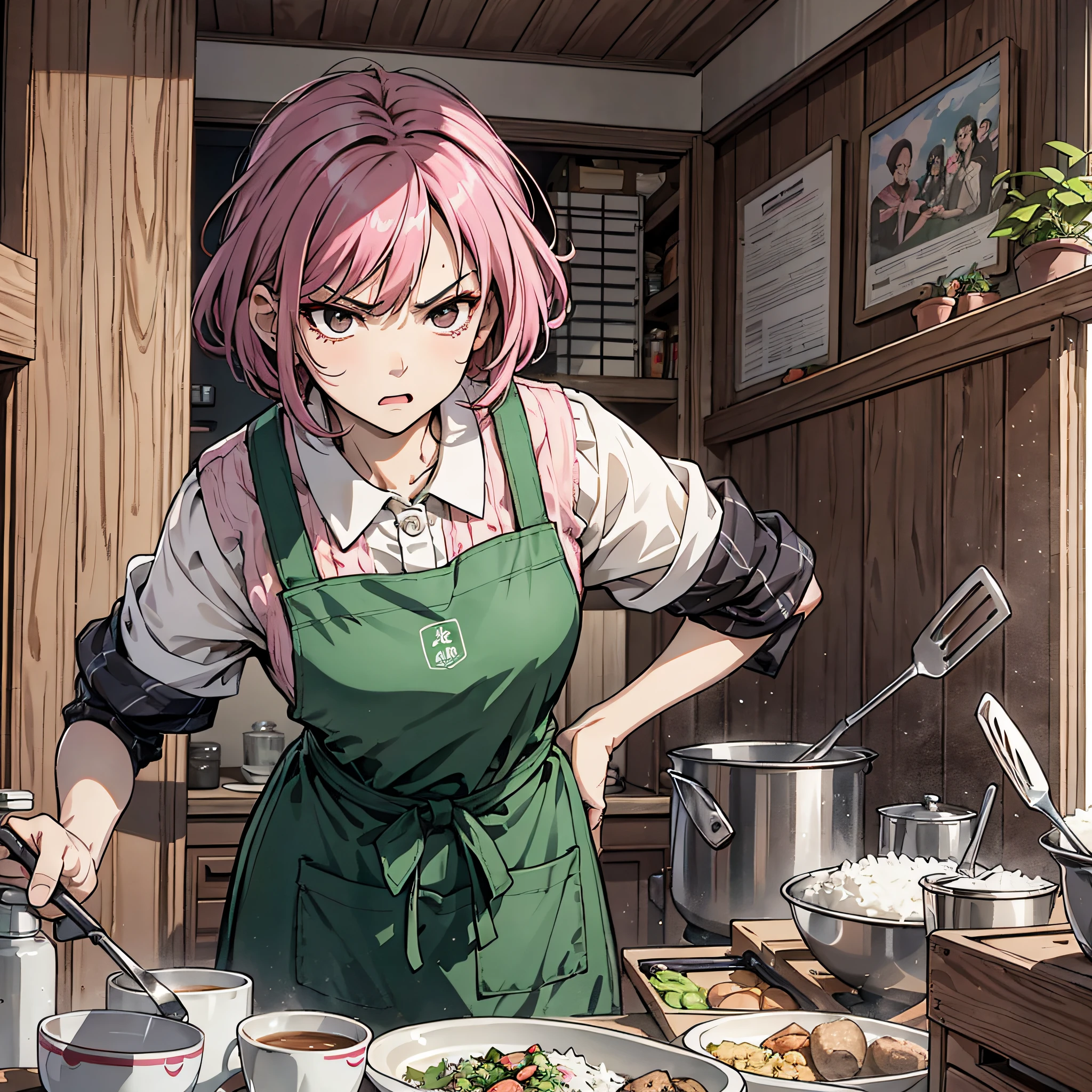 Ridiculous resolution，A high resolution，（tmasterpiece：1.4），Hyper-detailing，pink short hair, 1 middle-aged woman,, Solo, Black eyes, Angry, house wife，aprons, Take a rice spatula，Bedroom room，Stand by the bed，Angry，