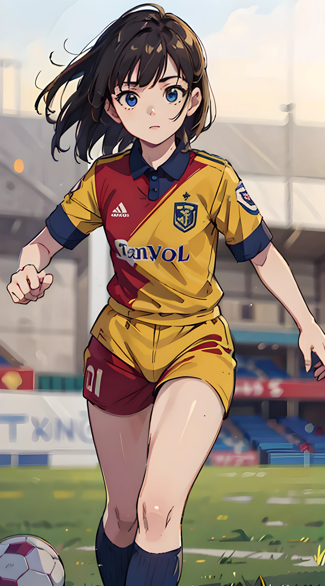 (masterpiece, best quality:1.2), 8k, official art, raw photo, absurdres, upper body, bravery face, solo, delicate girl, (soccer uniform:1.4), running, cinch waist, football grass ground, bokeh background, looking at viewer, thighs, tight clothing, sharp focus, HDR, highres, photography, realistic, highest detailed, extreme detailed, ultra detailed, finely detail, [:(detailed eyes and face:1.4):12]