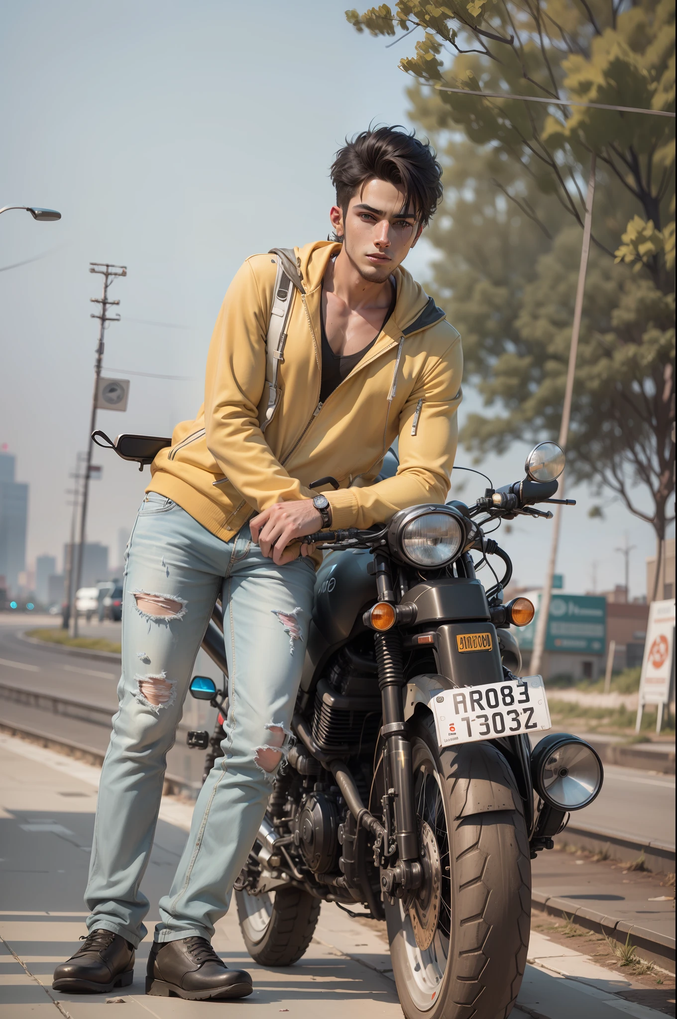 Background change cyberpunk handsome boy with brand car ultra modem realistic face