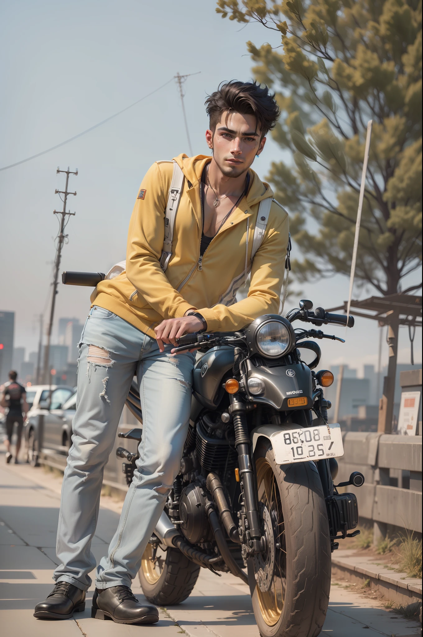 Background change cyberpunk handsome boy with brand car ultra modem realistic face