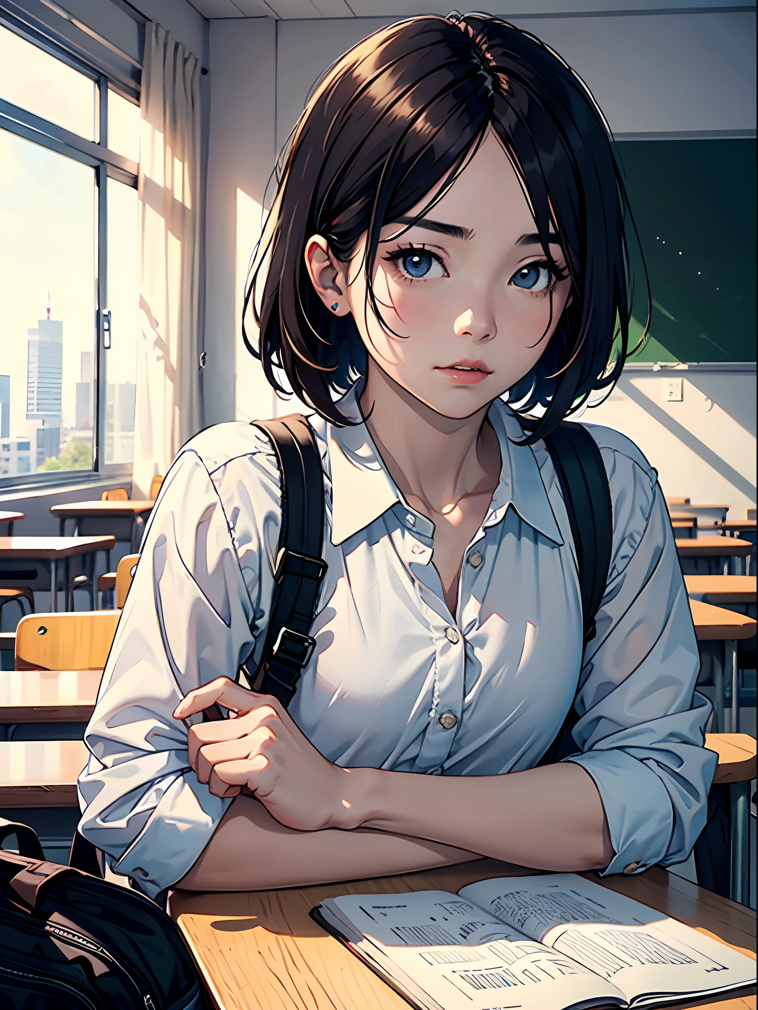 Works of masters,Best image quality,Higher quality,high detal,超高分辨率,8K分辨率,bust,Realistic portraits,exquisite facial features,s the perfect face,Glowing skin,adolable,Kizi,solo person,pupils,(bookbag),Depressed,short detailed hair,brunette color hair,inside in room,(Classroom)