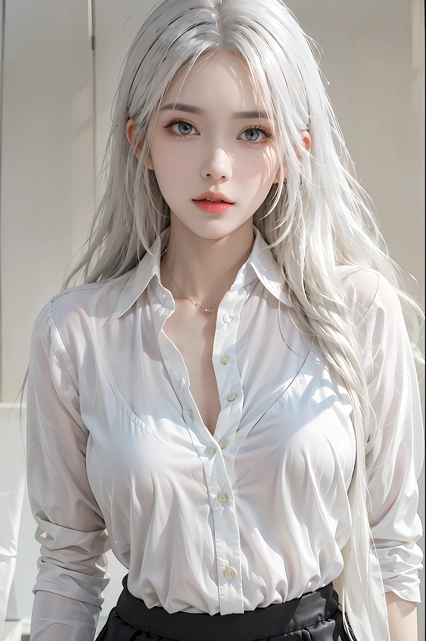 photorealistic, high resolution, 1 woman, hips up, beautiful eyes, white hair, long hair, ringed eyes, collared shirt, black necktie,black skirt, pencil skirt