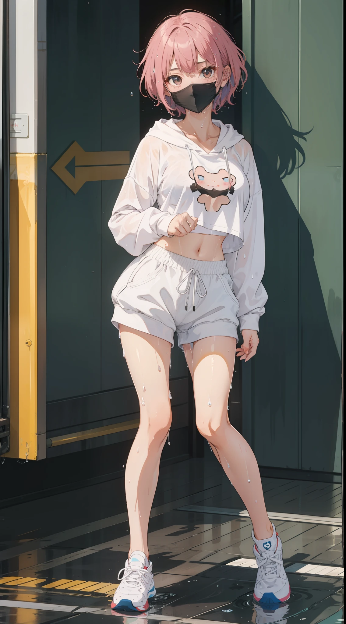 1 beautiful tomboy girl with medium breast,Ted pink hair, white top crop Hoodie white short pants white sneaker mask on face wet (wet chlotes:1.2) full body ( no bra) (no panties)