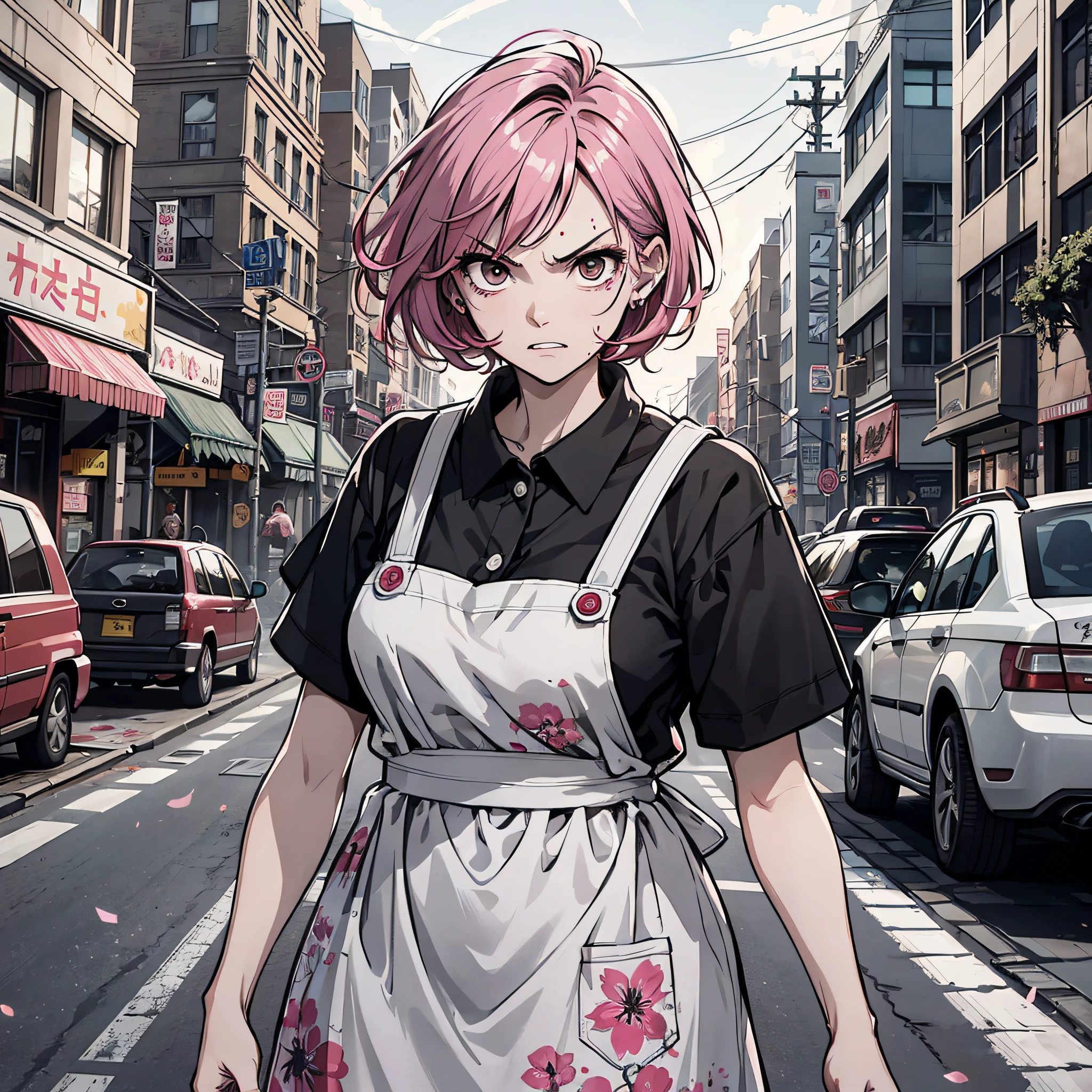 Ridiculous resolution,A high resolution,(tmasterpiece:1.4),Hyper-detailing,pink short hair, 1 middle-aged woman,, Solo, Black eyes, , house wife,aprons,attacking,angry look,Street side,A bunch of zombies,Armageddon,Zombie outbreak