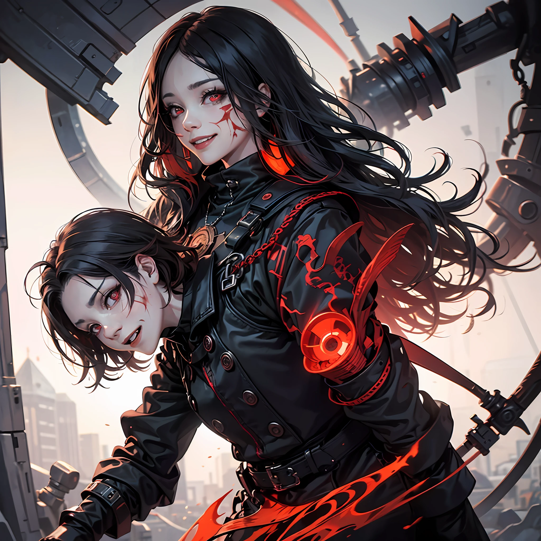 tmasterpiece，Close-up of a woman with blood red eyes，grinning smile，Red and black gradient hair，Confused pupils，style of junji ito，Morbid style，Shy，Stitch marks on the face，Black and white clothes，with  red and black background，Highest image quality，fearsome，8K