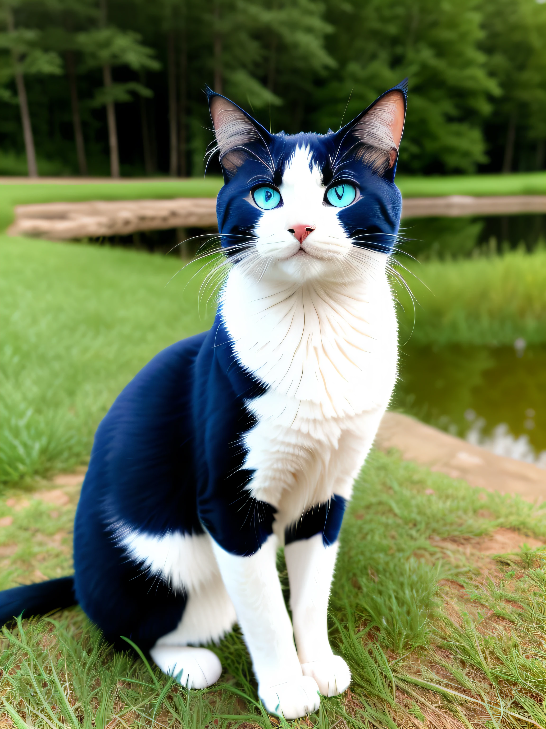 blue-eyed cat, sitting in the grass, next to the lake
