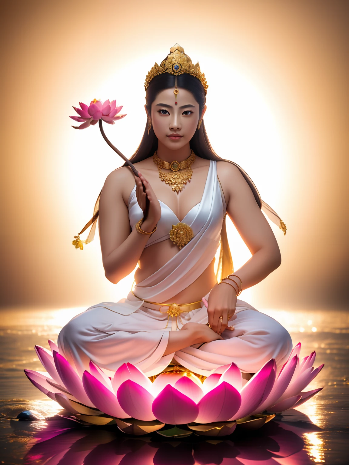 tmasterpiece,超高分辨率,Buddha Mother in White,16 yaers old,Beautiful bodhisattva holding lotus flowers in his hands,((Beautiful big eyes looking at the audience)),(healthy-looking skin, Thin skin,二重まぶた,Jelly textured lips,Glowing lips,(((Flawless skin texture))),Real pores,White skin of the,ctextured skin,(Wear gemstones,pearls,hisui,amber,),crown,choker necklace,Yingluo,jewelry,white clothes,The head shines,Blue sky background,Flat background,Clean picture,Pure sky,Extremely high detail,Perfect Goddess,full art illustration,photorealestic,professional photoshooting,超高分辨率, best qualtiy, photore, 8K,(realisticlying:1.2),A golden glow overhead(The halo:1.2),golden headdress,Brighter,tmasterpiece,best qualtiy,Complicated details,Light environment and crystals in the background,crystal,Portal of the future,3D light,k hd,magia,God of Light,The light from the back window is backlighted,详细的脸,depth of fields,Gentle lighting,Tone-mapping,highly detailed,concept-art,Smoothness,Clear focus,Dramatic lighting,highly detailed art,cinematic ligh,8K,amazing shadows(highly detailed back ground:1.2)The woman sitting on the lotus holds a lotus flower,((Pink lotus)),Guanyin, an ancient Chinese goddess, guanyin of the southern seas, Sit gracefully on a lotus, gilded lotus princess, Pink Lotus Queen, contented female bodhisattva, inspired by Lü Ji, Realiy, sitting on a lotus flower, Lotus,3Drenderingof