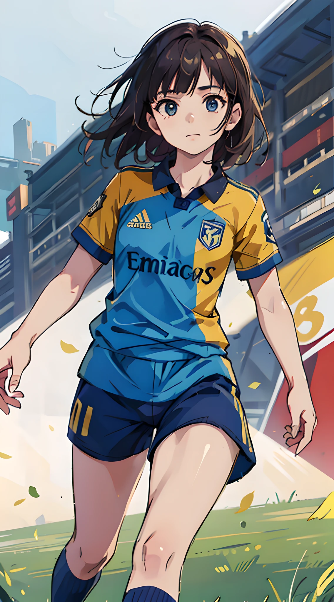 (masterpiece, best quality:1.2), 8k, official art, raw photo, absurdres, upper body, bravery face, solo, delicate girl, (soccer uniform:1.4), running, cinch waist, football grass ground, bokeh background, looking at viewer, thighs, tight clothing, sharp focus, HDR, highres, photography, realistic, highest detailed, extreme detailed, ultra detailed, finely detail, [:(detailed eyes and face:1.4):12]