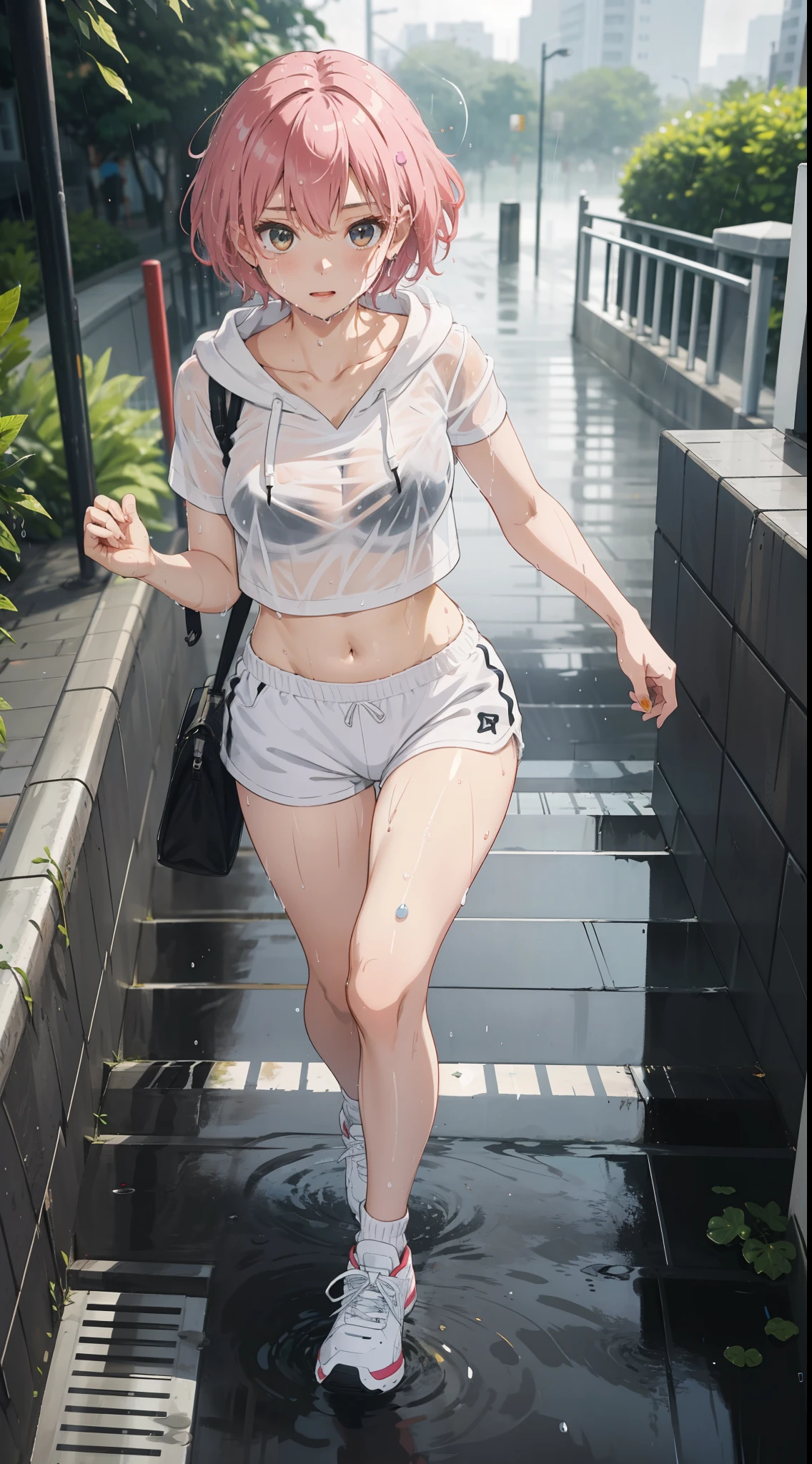 1 beautiful tomboy girl with medium breast,Ted pink hair, white top crop Hoodie white short pants white sneaker mask on face wet (wet chlotes:1.2) full body ( no bra) (no panties) real rain background on park, walk on park stair