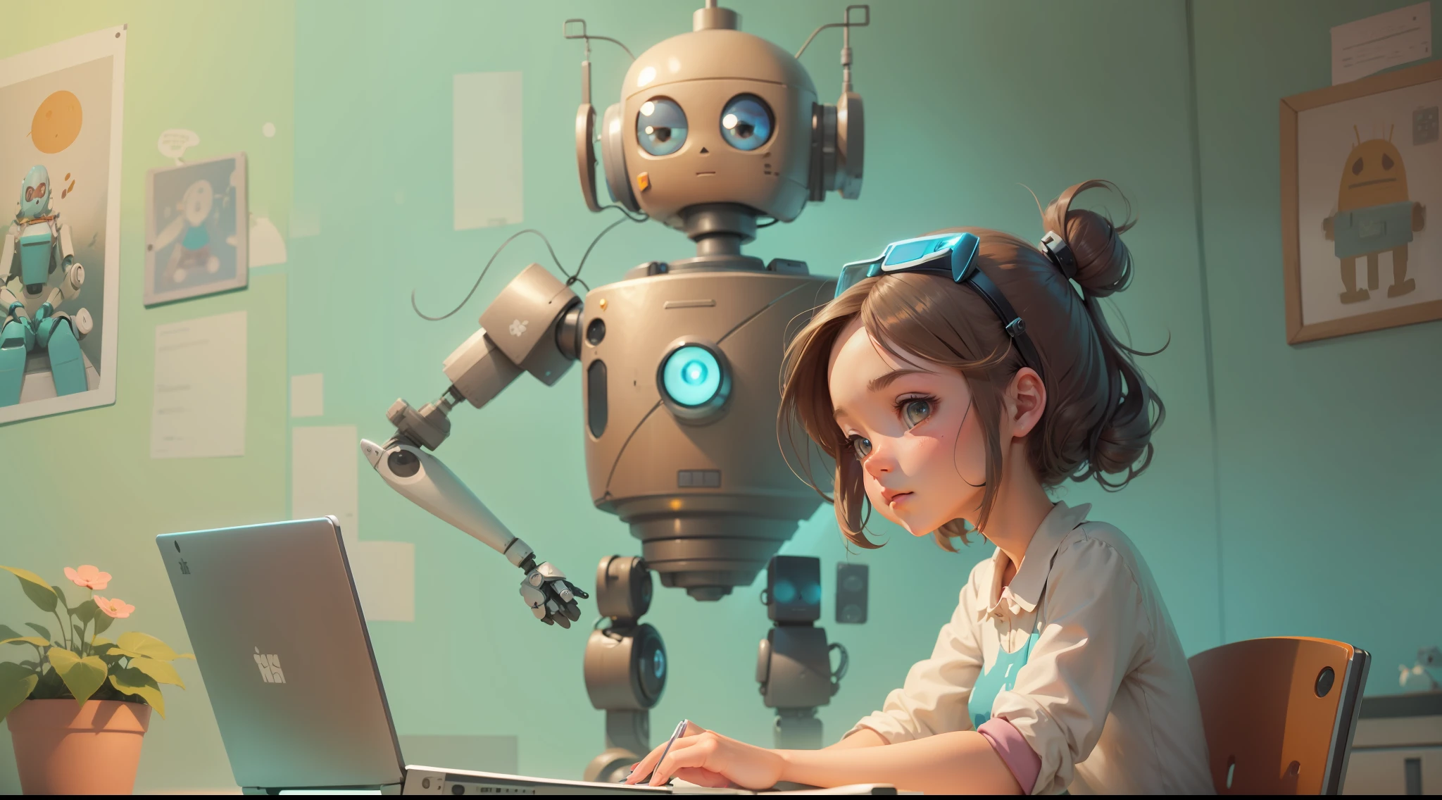 Cartoon of girl sitting at desk with robot and laptop, Girl Meets Robot, Women and robots, Adorable Digital Painting, adorable friendly robot, loish van baarle, Cute robot, cute humanoid robot, loish and goro fujita, digital 2D illustration, cute detailed digital art, Robot Portrait, 2D Illustration