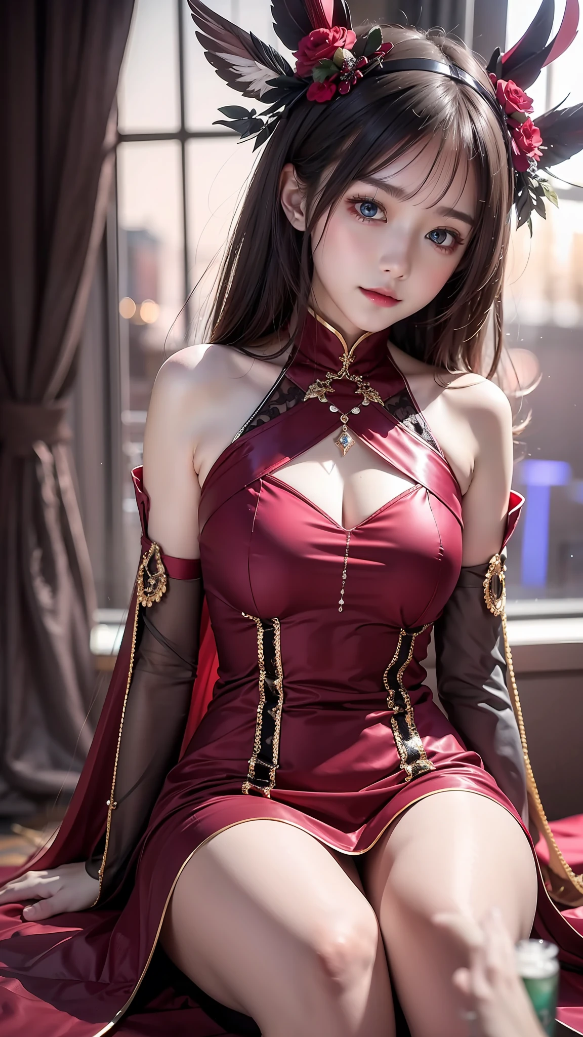 8K ultra hd, Masterpiece, beautiful cute girl, cute face, detailed eyes, medium breathe, dark pink dress, fantastic dress, aura
effect, sitting, upper body capture, dim lightning, magical background,