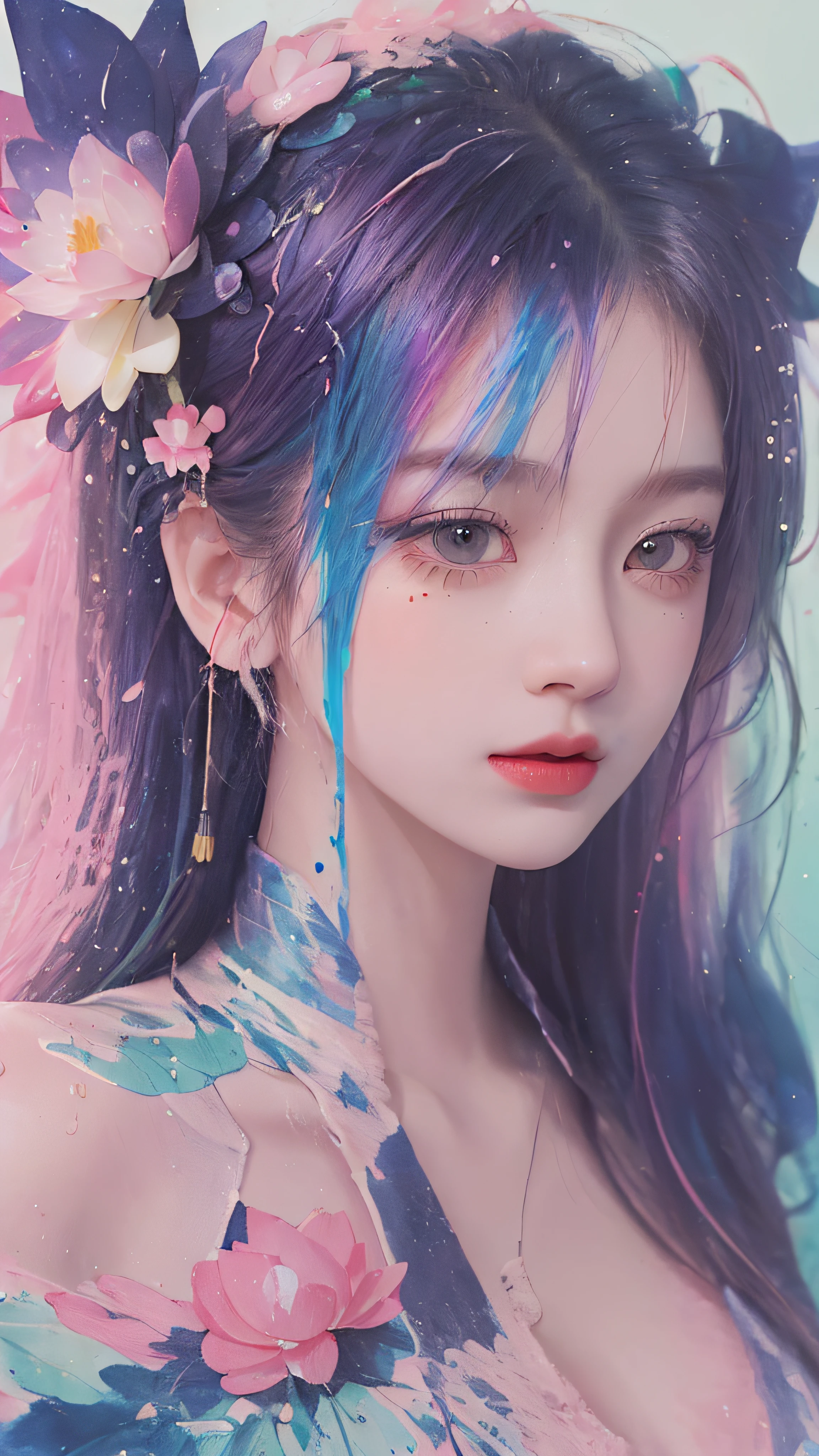 (Masterpiece, Best Quality, High Resolution), White Background, ((Paint Splash, Color Splash, Splash of Ink, Color Splash)), Sweet Chinese Girl, Rainbow Hair, Pink Lips, Front, Upper Body,lotus in the background, lotus in the water