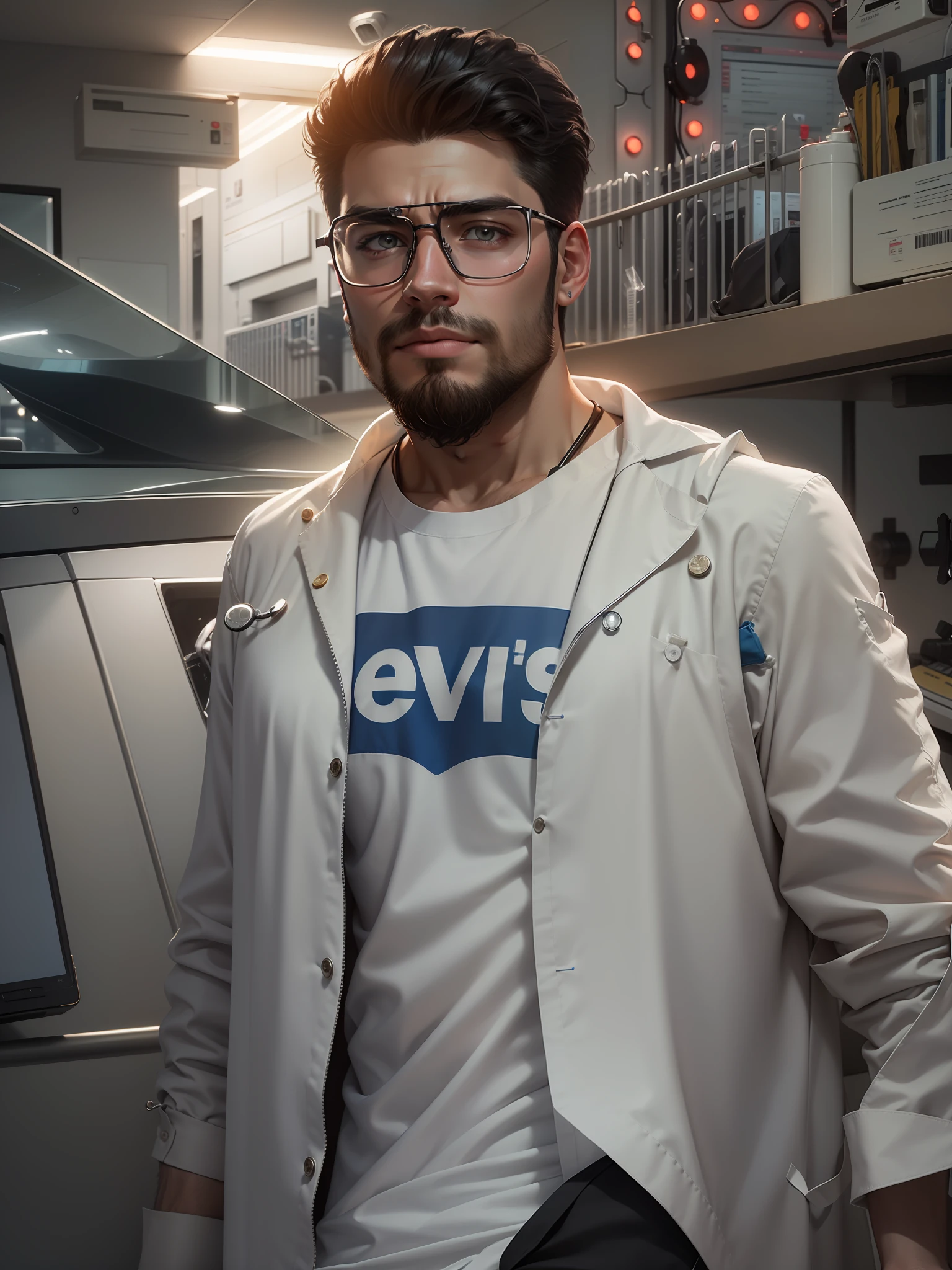 Handsome boy with doctor dress, realistic hospital background, 8k