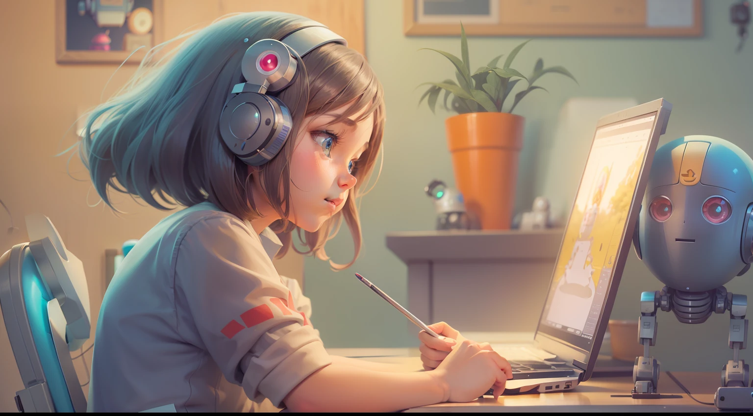 Cartoon of girl sitting at desk with robot and laptop, Girl Meets Robot, Women and robots, Adorable Digital Painting, adorable friendly robot, loish van baarle, Cute robot, cute humanoid robot, loish and goro fujita, digital 2D illustration, cute detailed digital art, Robot Portrait, 2D Illustration