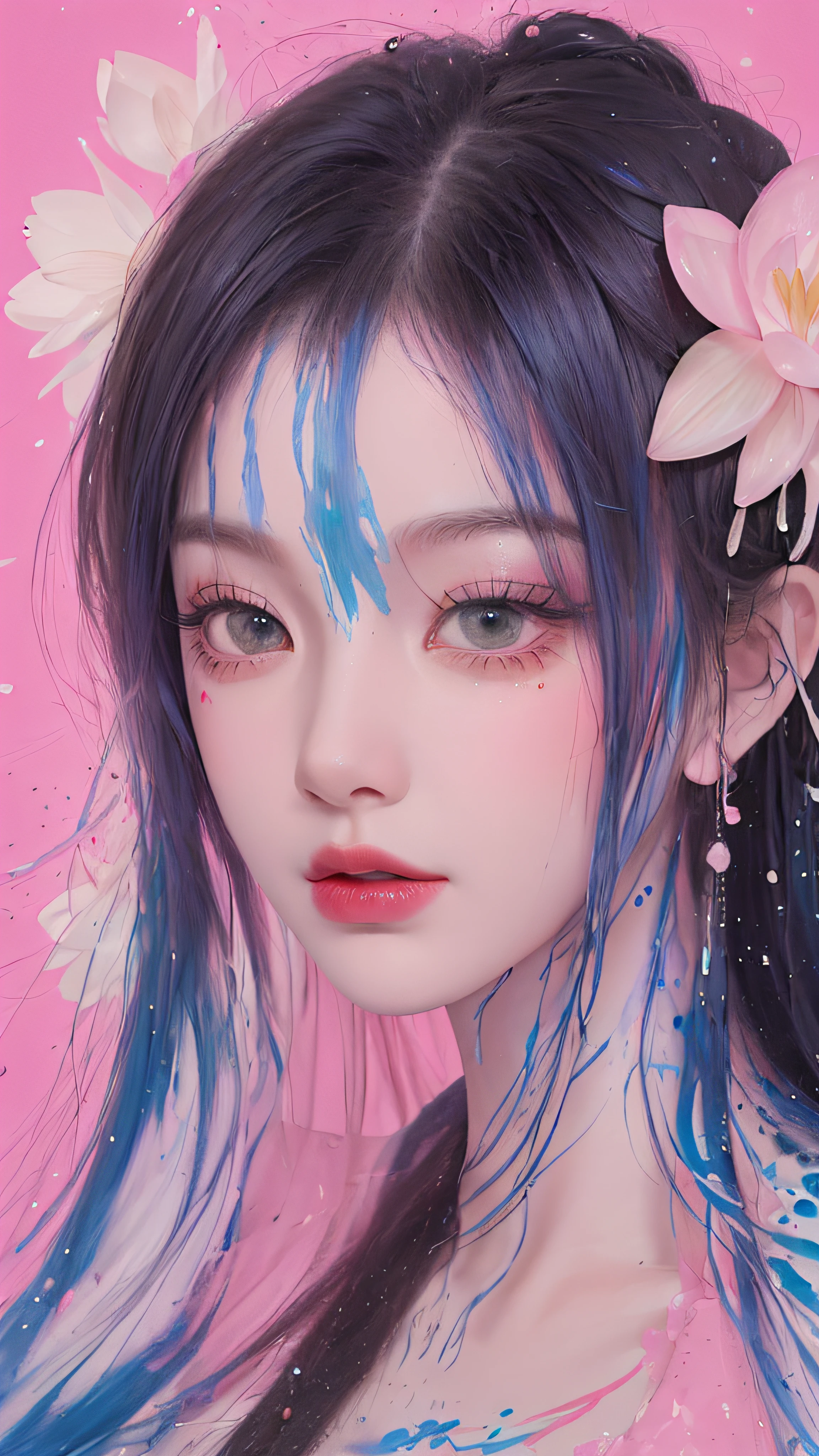 (Masterpiece, Best Quality, High Resolution), White Background, ((Paint Splash, Color Splash, Splash of Ink, Color Splash)), Sweet Chinese Girl, Rainbow Hair, Pink Lips, Front, Upper Body,lotus in the background, lotus in the water