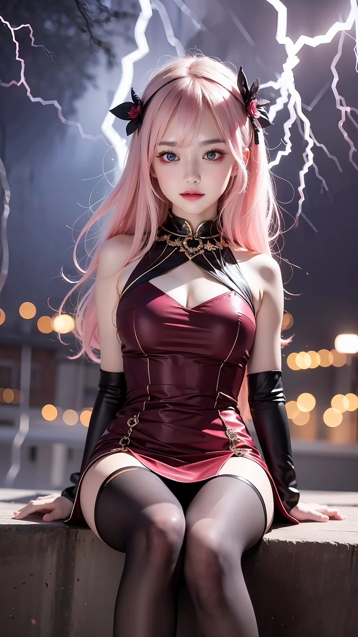 8K ultra hd, Masterpiece, beautiful cute girl, cute face, detailed eyes, medium breathe, dark pink dress, fantastic dress, aura
effect, sitting, upper body capture, dim lightning, magical background,