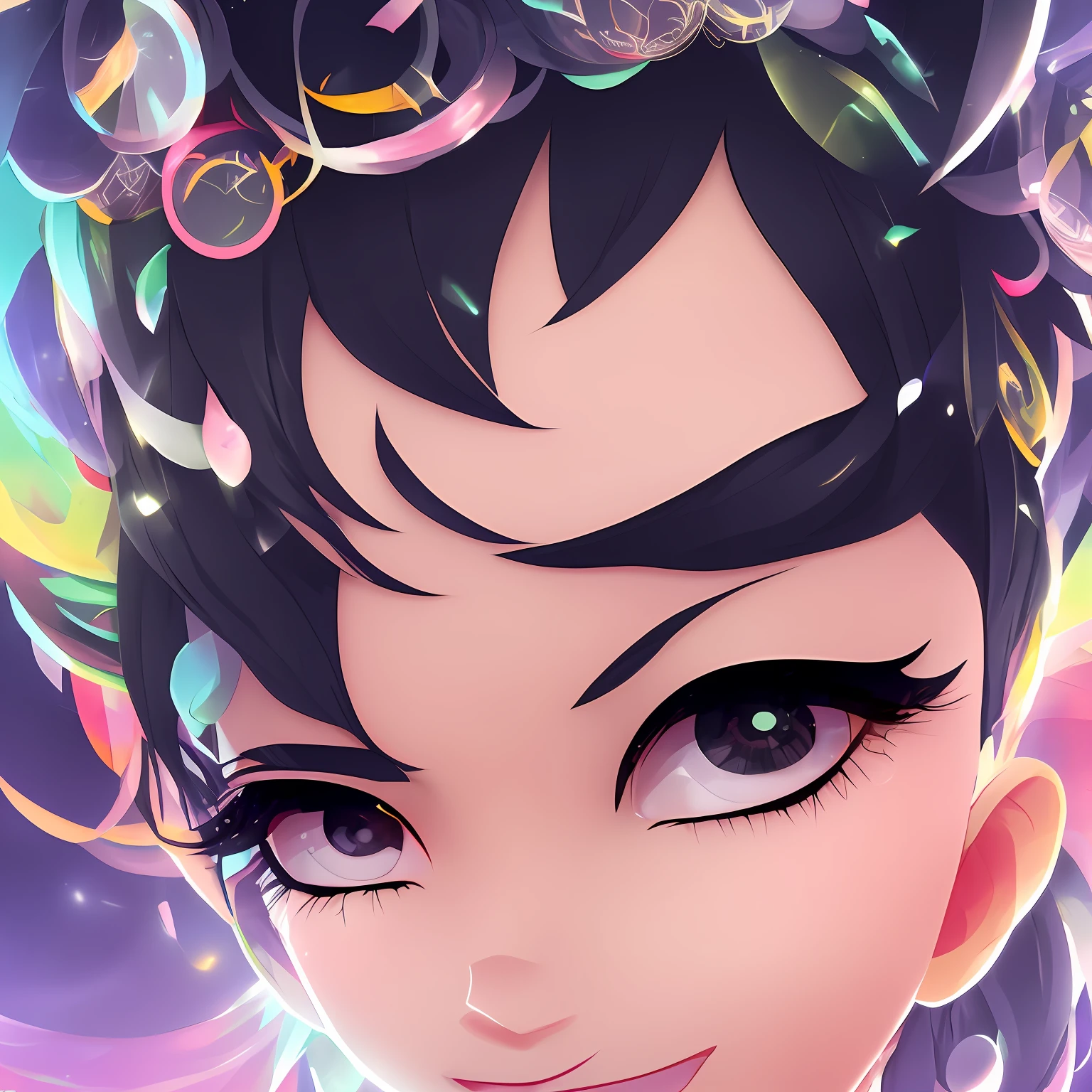 black hair, hair bobbles, wince, longeyelashes, solid circle eyes, fake animal ears, light smile, ear blush, fang, multicolored hair, Surrealism, drop shadow, anaglyph, stereogram, tachi-e, pov, atmospheric perspective, social media composition, 8k, super detail, ccurate, best quality --auto
