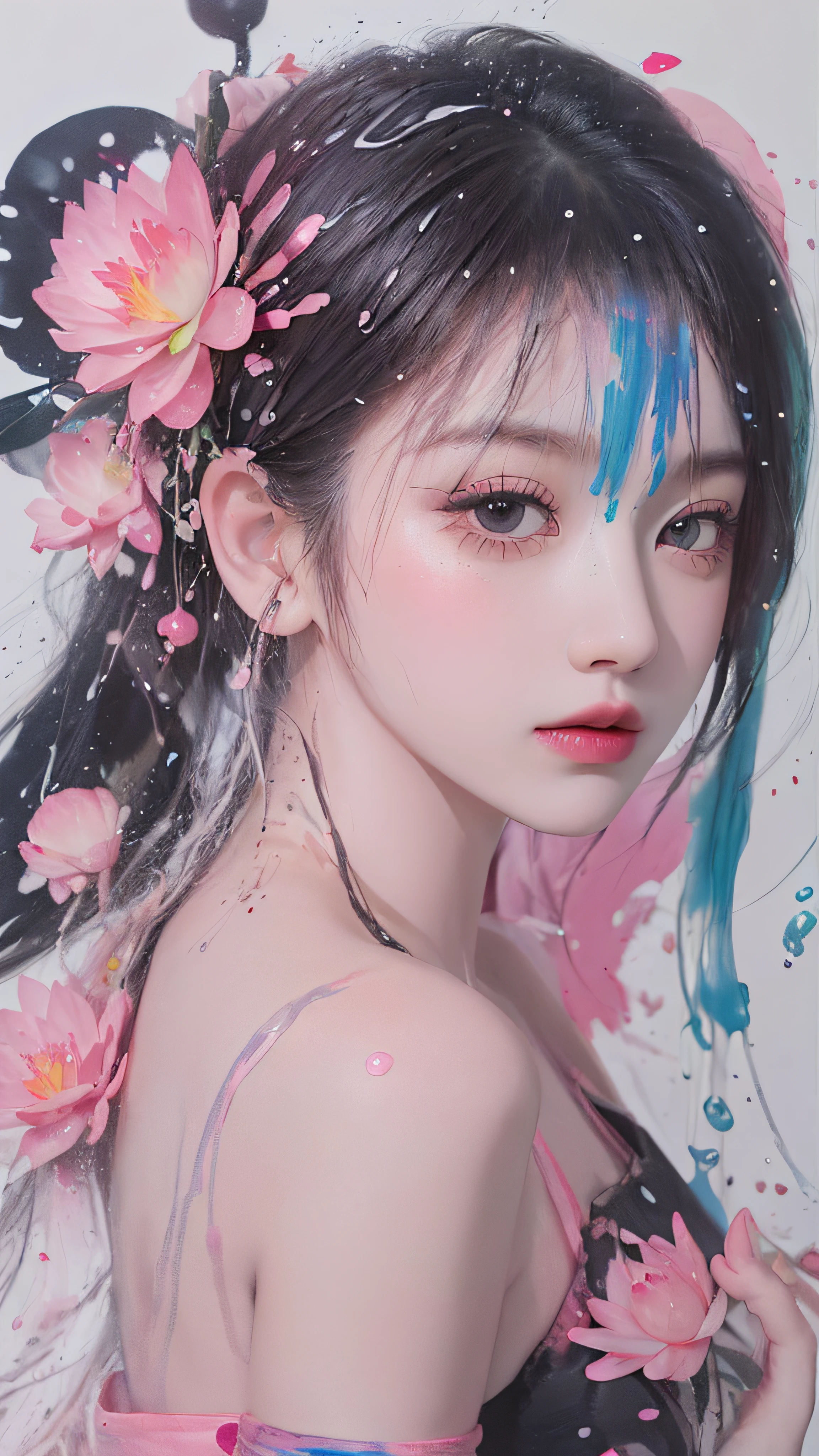 (Masterpiece, Best Quality, High Resolution), White Background, ((Paint Splash, Color Splash, Splash of Ink, Color Splash)), Sweet Chinese Girl, Rainbow Hair, Pink Lips, Front, Upper Body,lotus in the background, lotus in the water