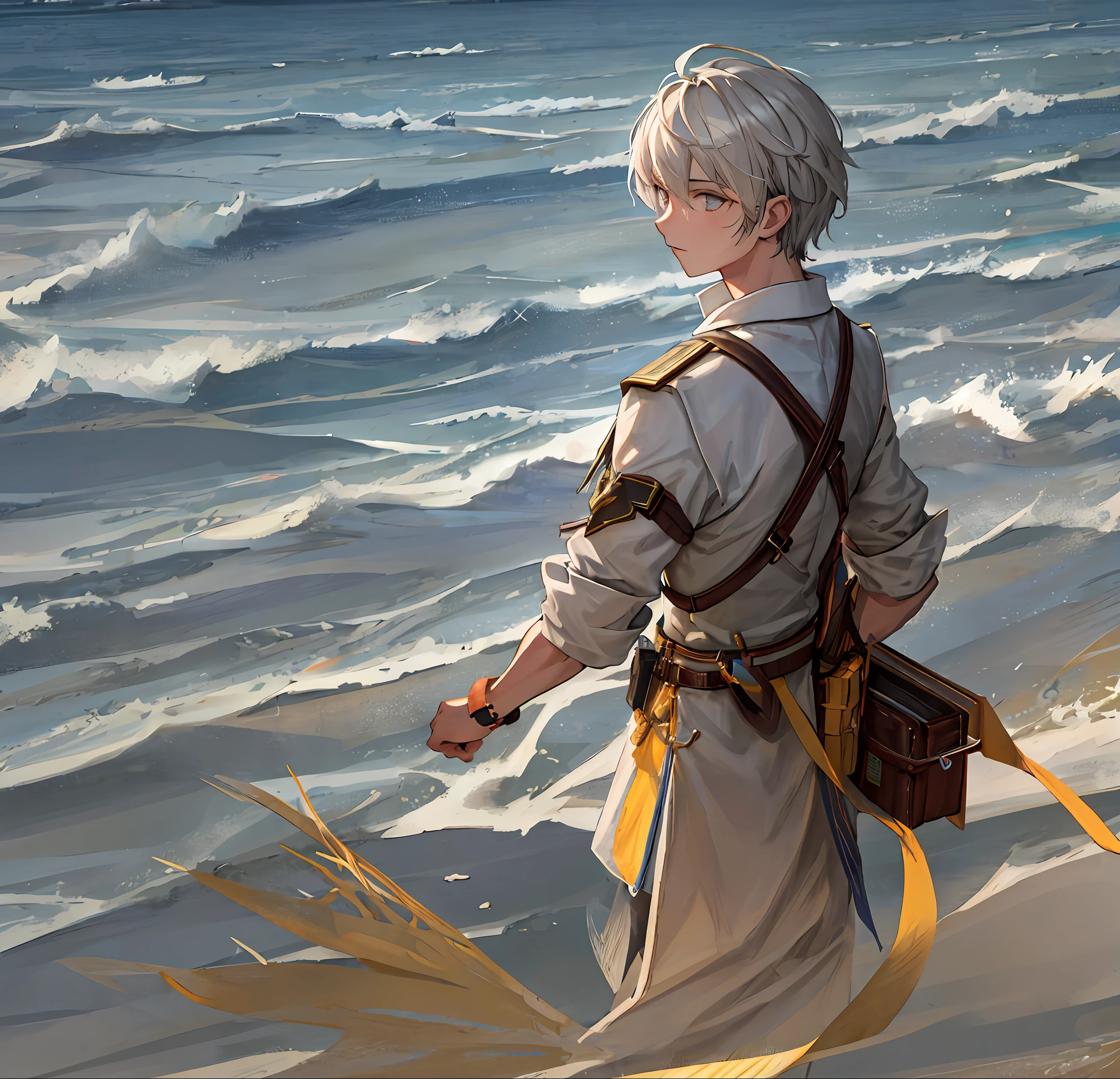 Good image quality，Delicate details，(Libido boy:1.2)，Handsome red sweatshirt，White lining，White lipstick，The raft was repaired，The drifting bottle contains a map，Sparkling sandy beach，The sea ripples，Adventure trip，and the sun was shining brightly。Stories by the sea，It happened to a young man。He accidentally picked up an abandoned broken ship，After patching，He can use it to go out to sea