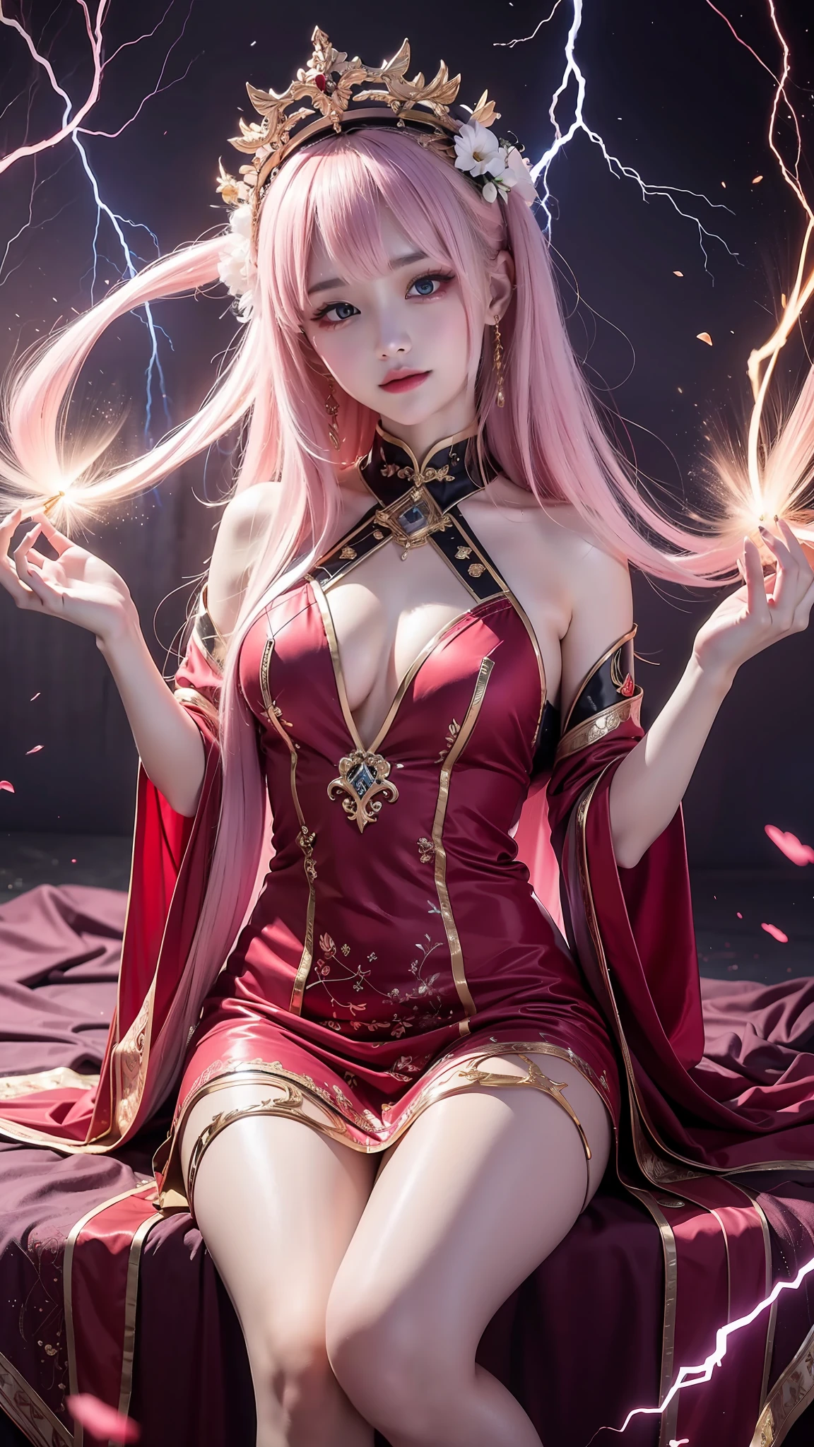 8K ultra hd, Masterpiece, beautiful cute girl, cute face, detailed eyes, medium breathe, dark pink robe and aromr, fantastic robe, aura
effect, sitting, upper body capture, dim lightning, magical background,