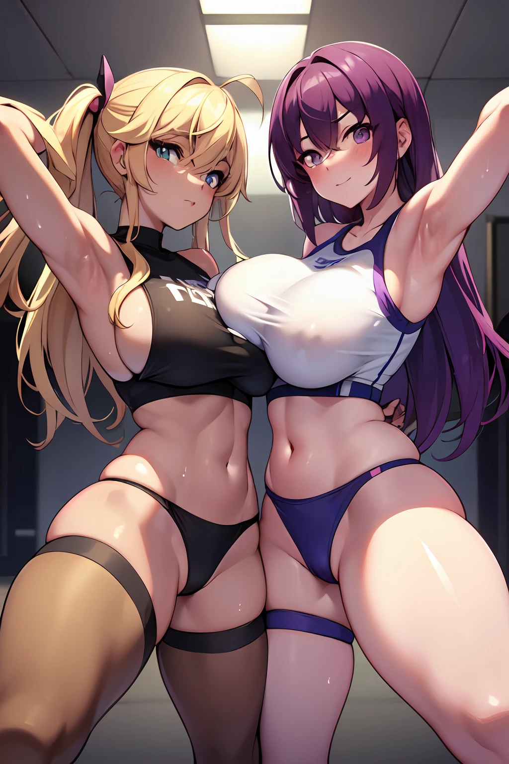 Two young women, (anime), full body poses, exercising intensively in a gym, wearing sport bras and thong made of see-through fabric, with sweat glistening on their bodies. Both have detailed short and messy multicolored hair with smirks face, and one of them has visible pubic hair. They have toned athletic bodies whit slim waist and huge sized breasts. (puffy nipple:1.3)