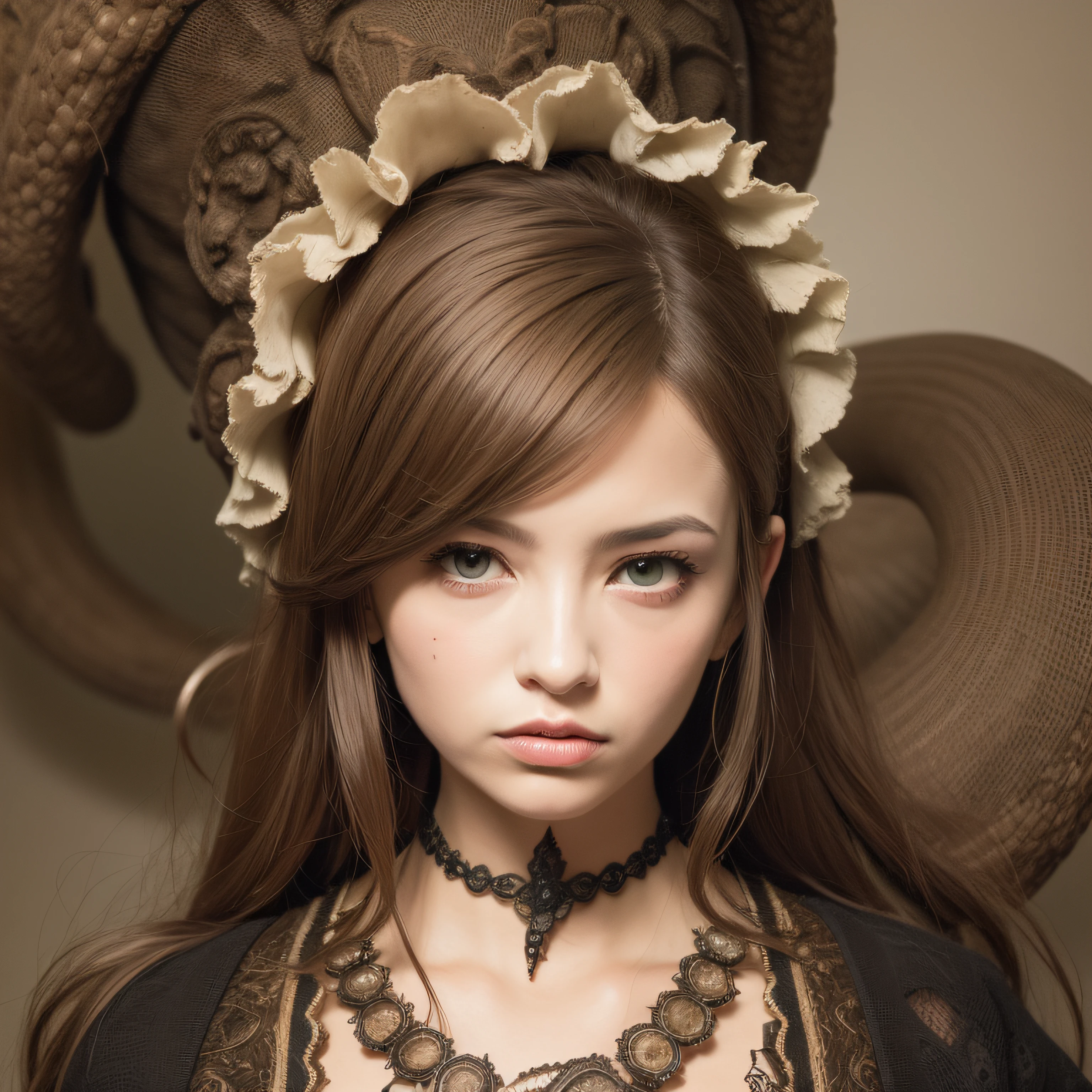 (extremadamente detallado, obra maestra, La mejor calidad), Estilo oscuro, intense illumination, rostro con arrugas, lengua larga, colmillos, tentacle, lobo deforme, monstruoso, amenazante. mujer punk. Rococo composition. Luz de caravaggio