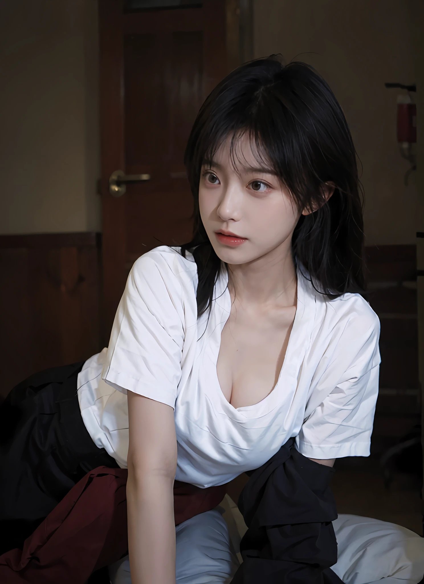 best qualtiy,tmasterpiece,超高分辨率,Campus time,(realisticlying:1.4),1girll,Raised sexy,(The shirt:1.2),(brassier:1.2),(big cleavage breasts:1.3),(The upper part of the body:1.4)