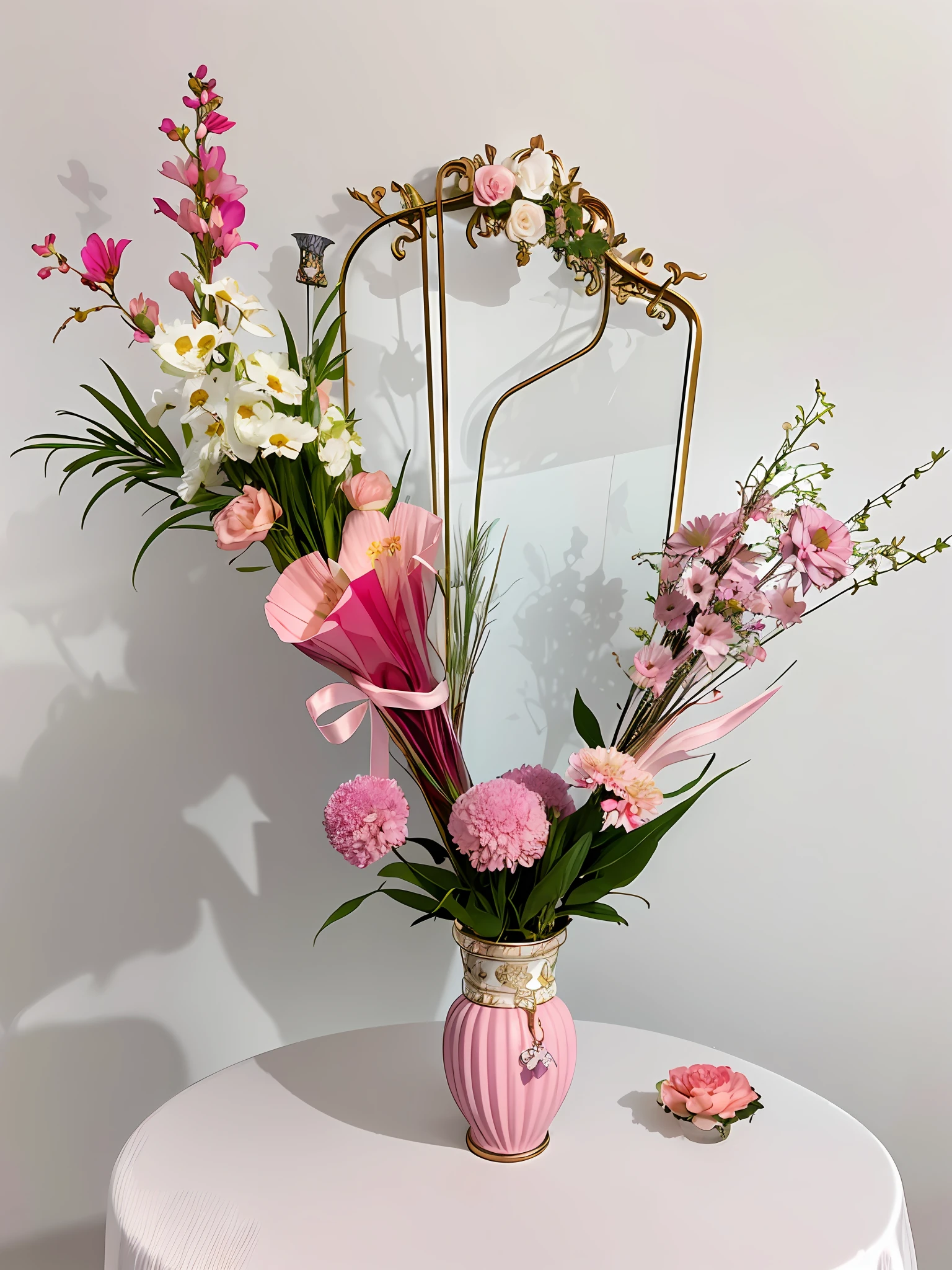 "There is a pink vase on the table,It has pink flowers on it,Elegant composition,Bouquet of bouquets,Tall and elegant exotic flowers,Floating Japanese flower arrangement,Peaceful and elegant,Meticulous and exquisite,The composition is full of beautiful flowers and flowers,It gives a positive feeling of being fully loaded。"