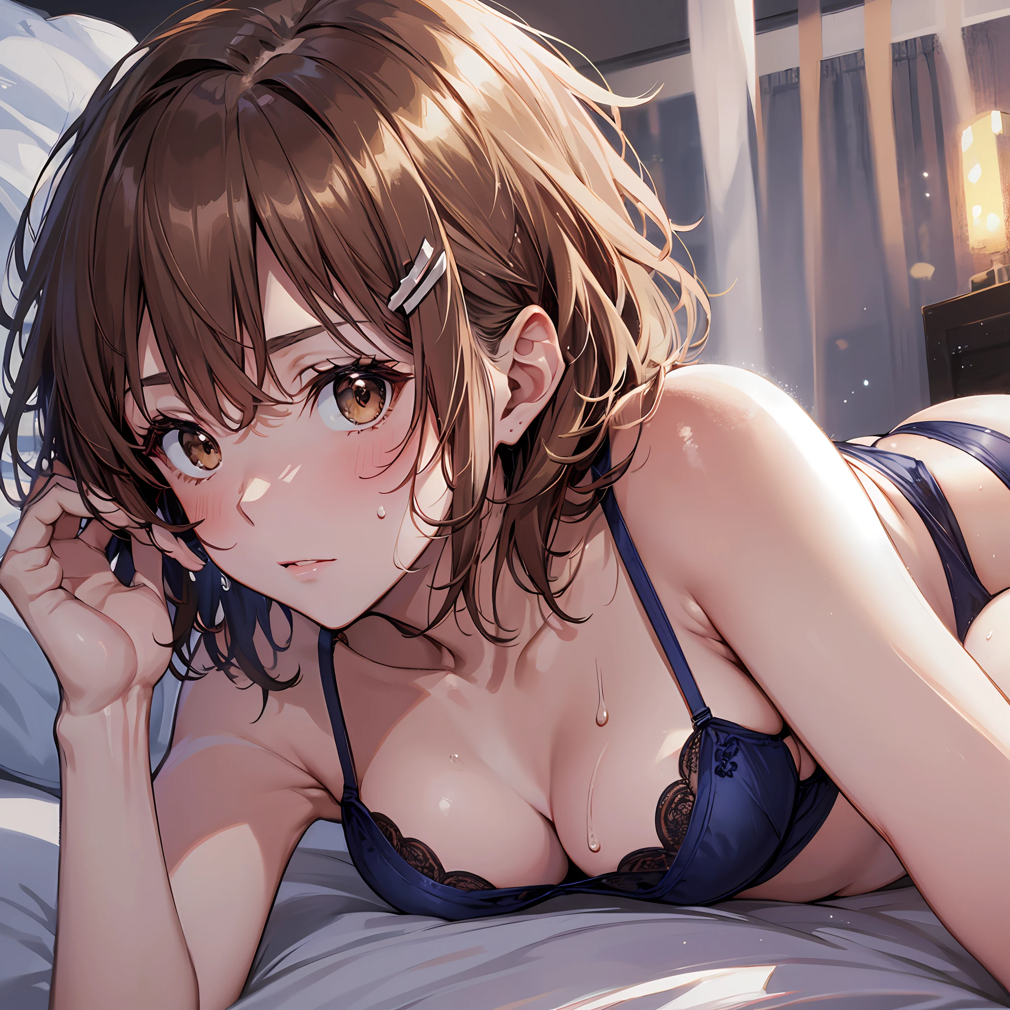 ４ｋqulity, top-quality, Misaka_mikoto, Brown-eyed, Short_hair, Small_Breast,）on the beds　Blue lingerie　１６age　sexypose　Bewitching　Mass sweat　soaked body　Miwaki　beauty legs　Beautiful abs　Face to feel　Love A large amount of milk