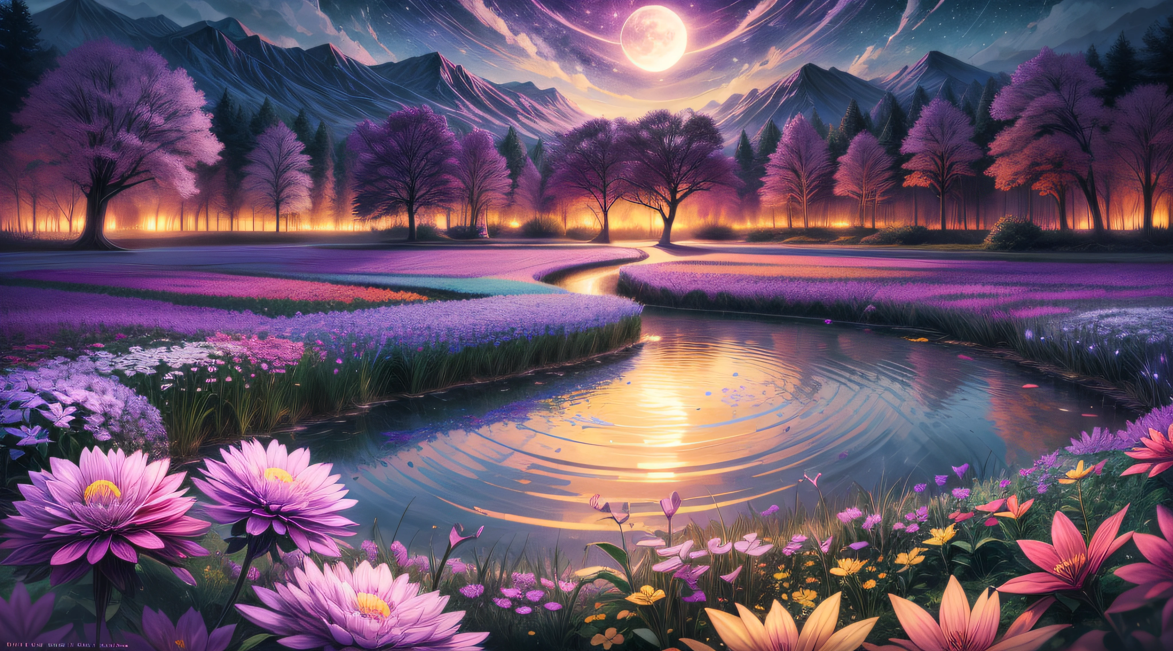 milkyway、 natta, a moon, Cheerful flowers, Night sky on one side、cyan colors、reddish、amarelo、pink there、purpleish color、shuicolor、an orange、On the other side there is a pond, the panorama, 8K, masterpiece, top-quality, hight resolution, blooms a lot of small flowers、Small multicolored flowers、Lots of stars、Shining stars、Big Moon