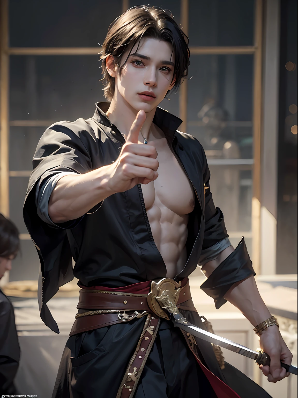 (More than half body) (a man dancing in a royal party, holding a sword)(tranquil but cold), 1man, God of Frost, king, solo focus, adult, pale and young adult face, short black hair, black silk robe with golden lining, realistic, dynamic pose, realistic, detailed and correct facial structure, blades ornaments, LEON S. KENNEDY, handsome, attractive, slightly muscular, cinematic lighting, unreal engine, trending on ArtStation, intricate details,  masterpiece, best quality, by Irakli Nadar, Greg Rutkowski，(((best quality))),(((ultra detailed))),(((masterpiece)))