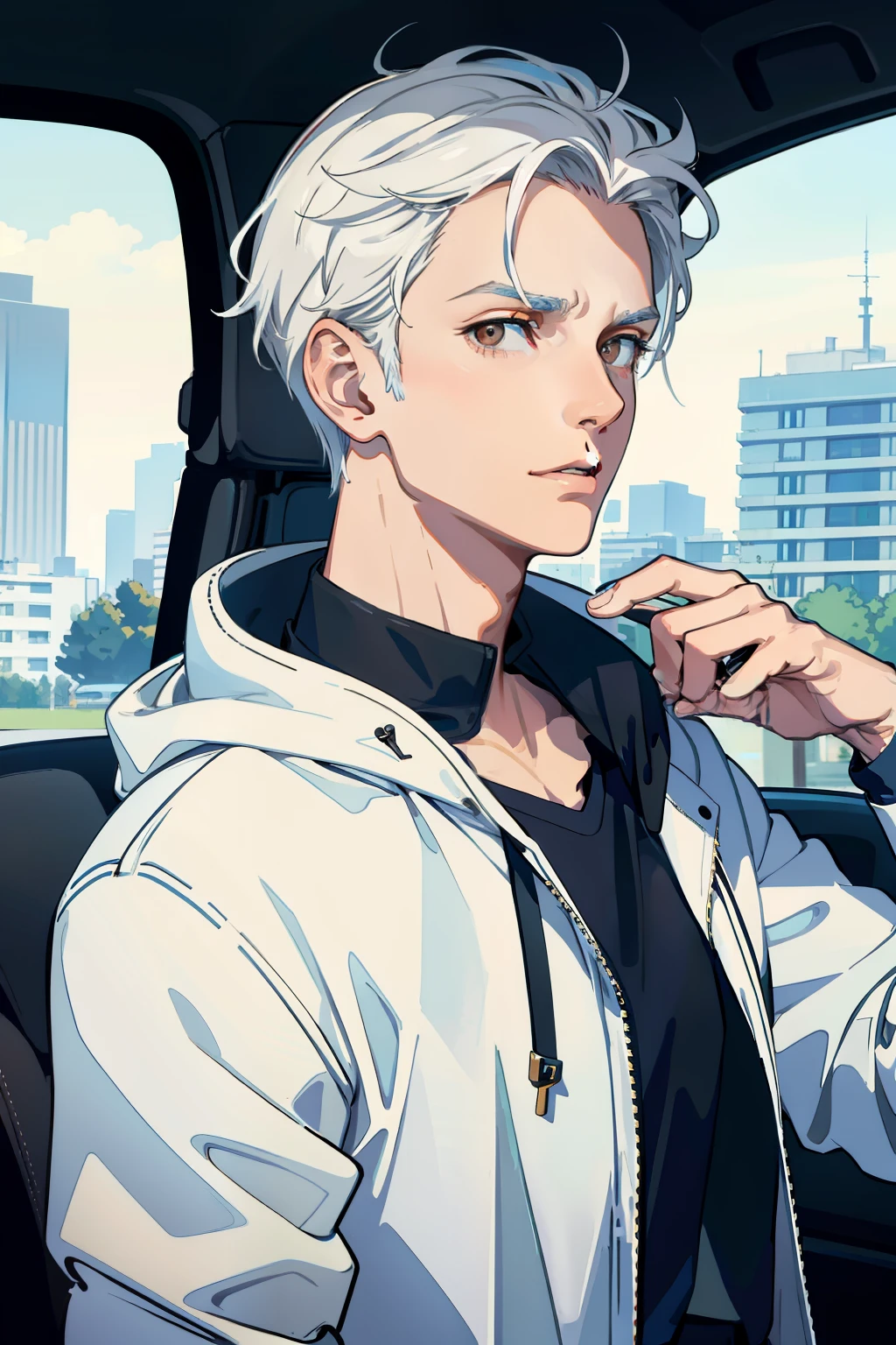 masterpiece, best quality, 1 male, handsome, very short hair, complex pattern, detailed face, best ratio four finger and one thumb, upper body, casual clothes, oversized hood, car background, (brown eyes), (white hair), blue denim jacket