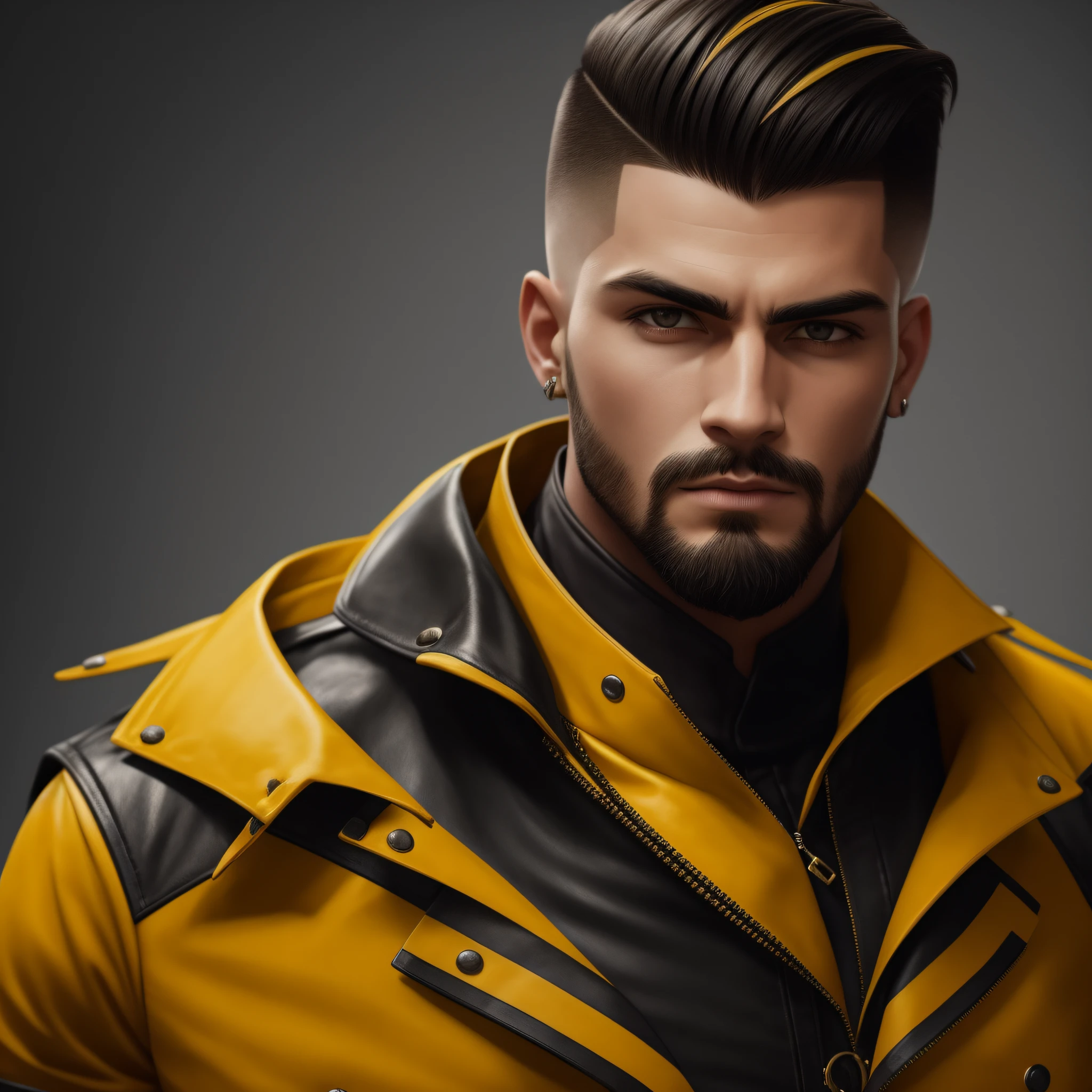 id:48150592512069 Homem com corte de cabelo undercut e jaqueta de couro amarelo e cabelo louros segurando uma , Portrait of a Bloody Hunter, Badass anime 8k