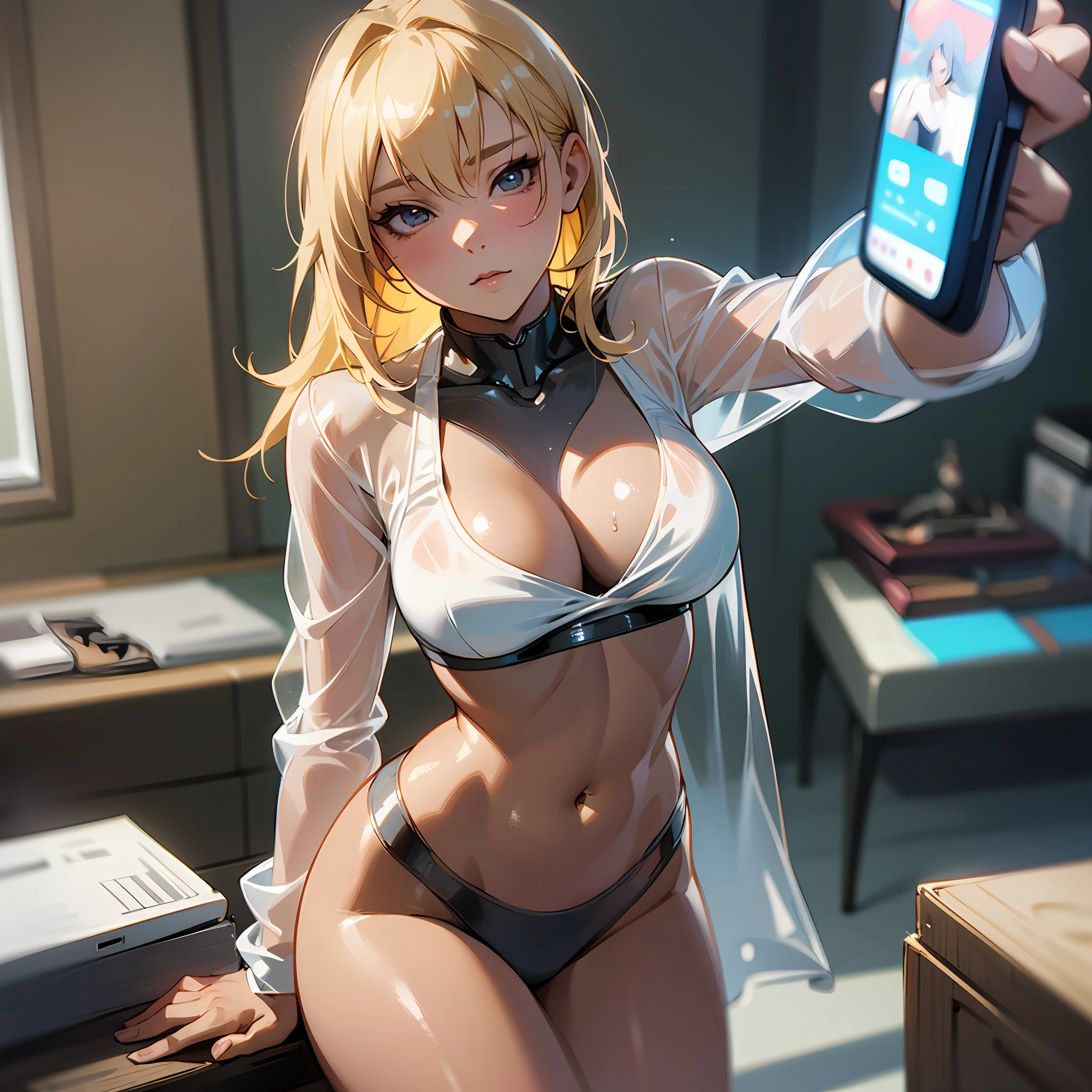 Blonde woman in a white see-through bra top taking a selfie with her cell phone, Photorealistic Perfect Body, Realistic Shading Perfect Body, Hyperrealistic Full Figure, Photorealistic Full Body, Guweiz Style Artwork, Photorealistic Anime Girl Render, Ultra Realistic Image, Realistic Art Style, [ 4K Photorealism ]!!, Semi - Realistic Rendering, Skin Glow, Dreamshaper, scale 9:16 --auto --s2