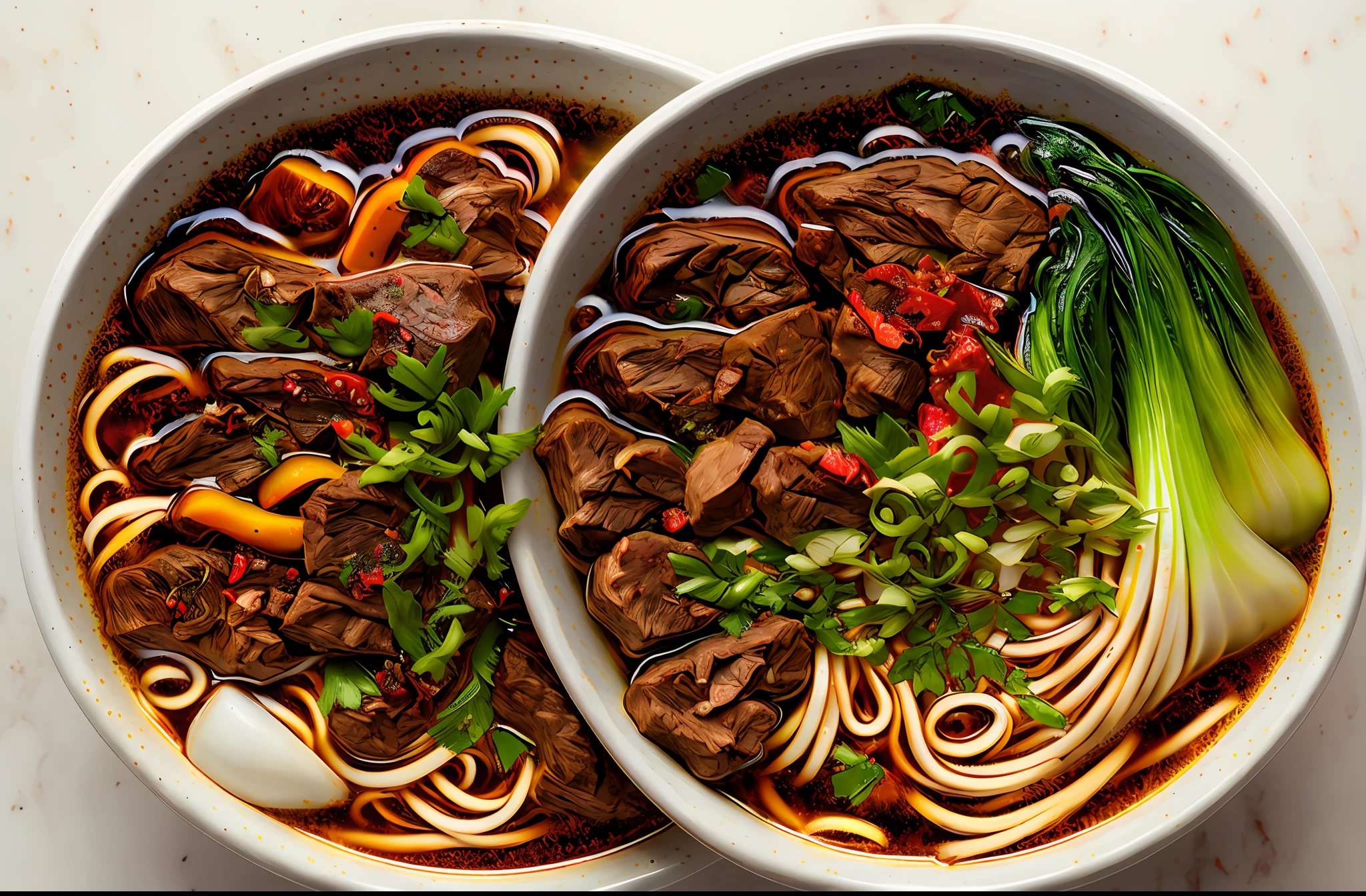 a bowl of beef noodle soup, ((masterpiece)),illustration,high detail, soft lighting, delicious, colorful, aesthetically pleasing, studio lighting, trending