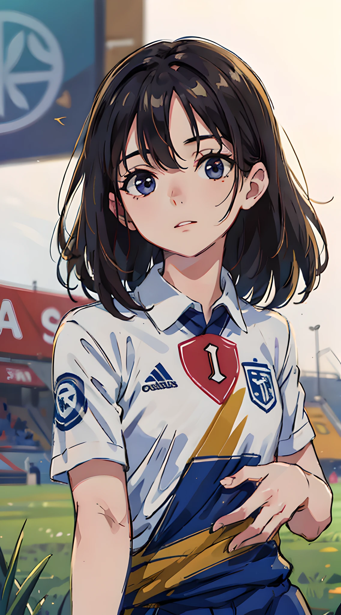 (masterpiece, best quality:1.2), 8k, official art, raw photo, absurdres, upper body, bravery face, solo, delicate girl, (soccer uniform:1.4), cinch waist, football grass ground, bokeh background, looking at viewer, white tight clothing, sharp focus, HDR, highres, photography, realistic, highest detailed, extreme detailed, ultra detailed, finely detail, detailed eyes and face:1.4)