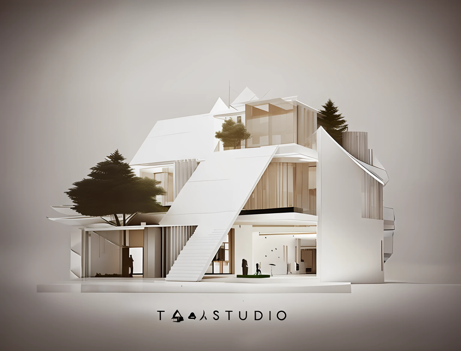 a drawing of a building with a staircase and a staircase, architect studio, origami studio 3 design, architectural illustration, concept house, ouchh and and innate studio, by Tadeusz Pruszkówski, architectural render, architectural visualization, architectural sketch, architectural visualisation, architectural concept, by Adam Marczyński