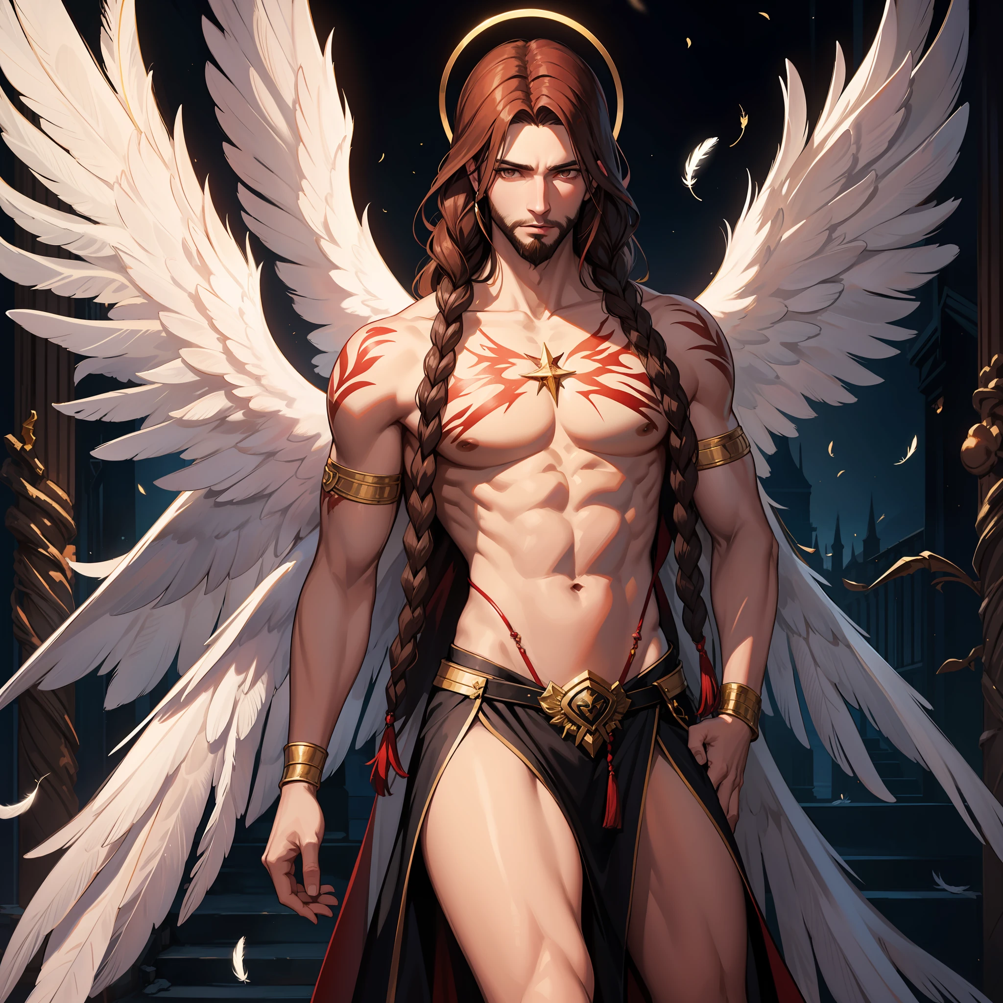 He is an Archangel. He has very long auburn hair that reaches the middle of his back, adorned with a few braids and decorated with feathers. He is extremely tall with a beard and dark brown eyes. He is known as a gentle giant. 3 Pairs of wings:
First- Large Black Crystalline Angel Wings, Black Crystal Feathers and Red Veins
Second- Medium Gold Crystalline Angel Wings, Gold Crystal Feathers and Silver Veins
Third- Small Black Crystalline Angel Wings, Black Crystal Feathers with Red stains all over
He has a thorn covered root halo.