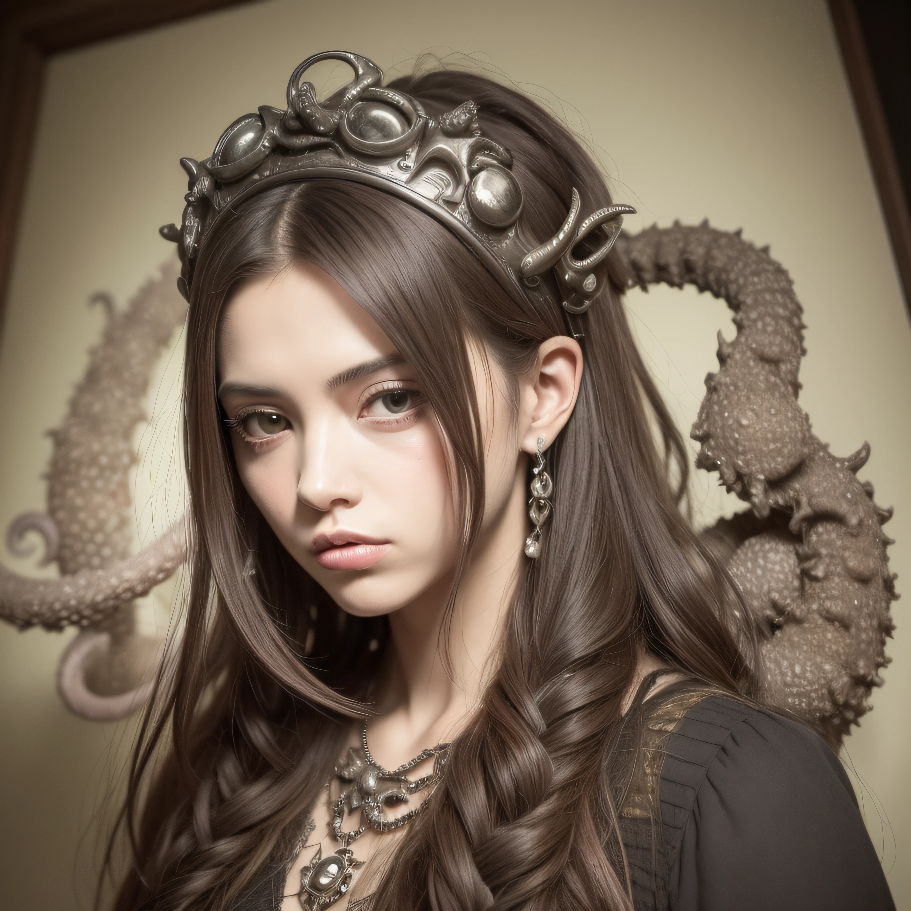 (extremadamente detallado, obra maestra, La mejor calidad), Estilo oscuro, intense illumination, rostro con arrugas, lengua larga, tentacle, deforme, monstruoso, un anciano con Colmillos finos, amenazante. mujer punk. Rococo composition. Luz de caravaggio