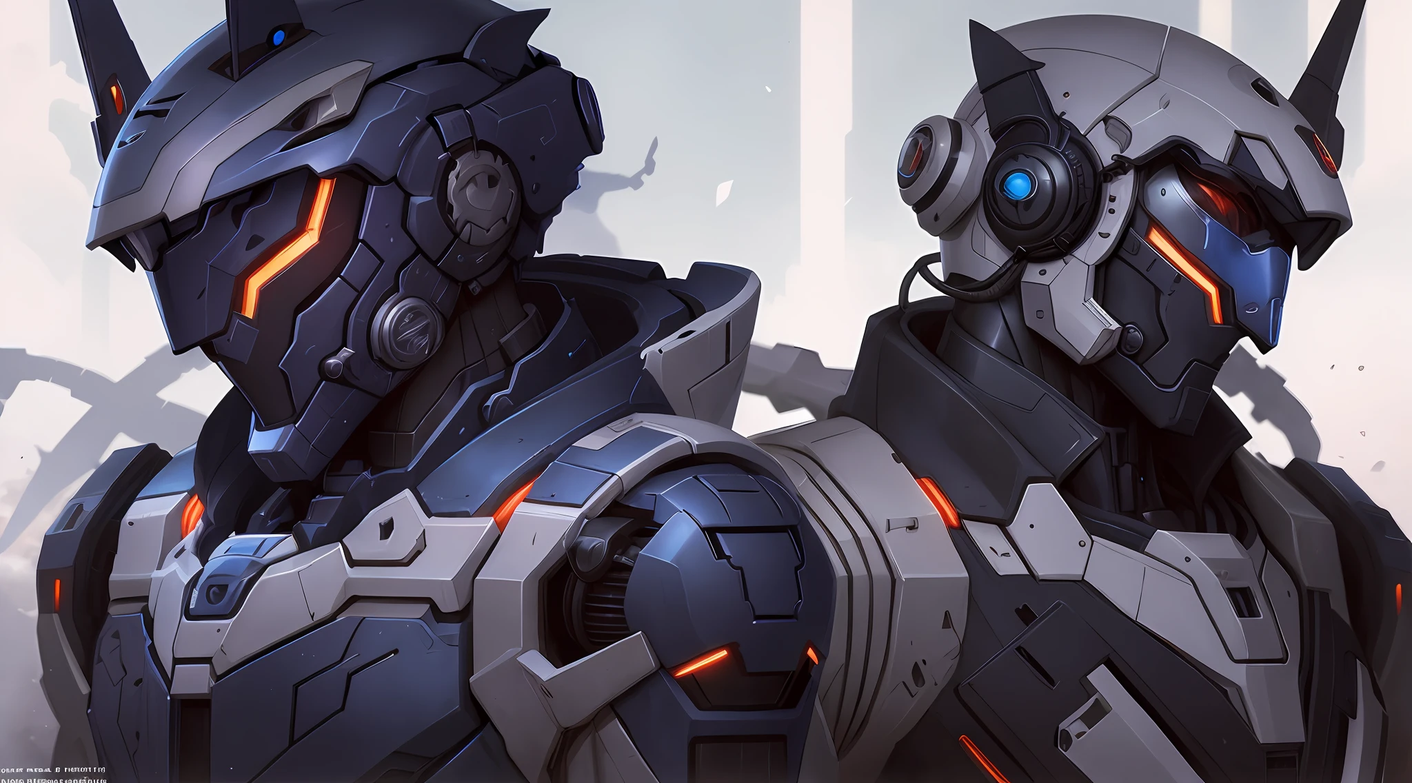 There are two men wearing mechs,zerochan art, Detailed digital anime art, inspired by Krenz Cushart,white backgrounid,Dark-tone mech,glowing light,