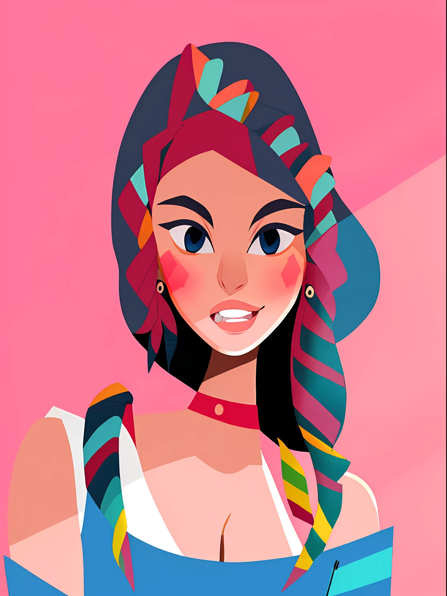 bianping, solo, 1girl, hat, shirt, earrings, long hair, jewelry, black eyes, smile, blue hair, striped, blue shirt, border, upper body, collared shirt, simple background,.,(Optimum quality),(masterpiece),(High definition)