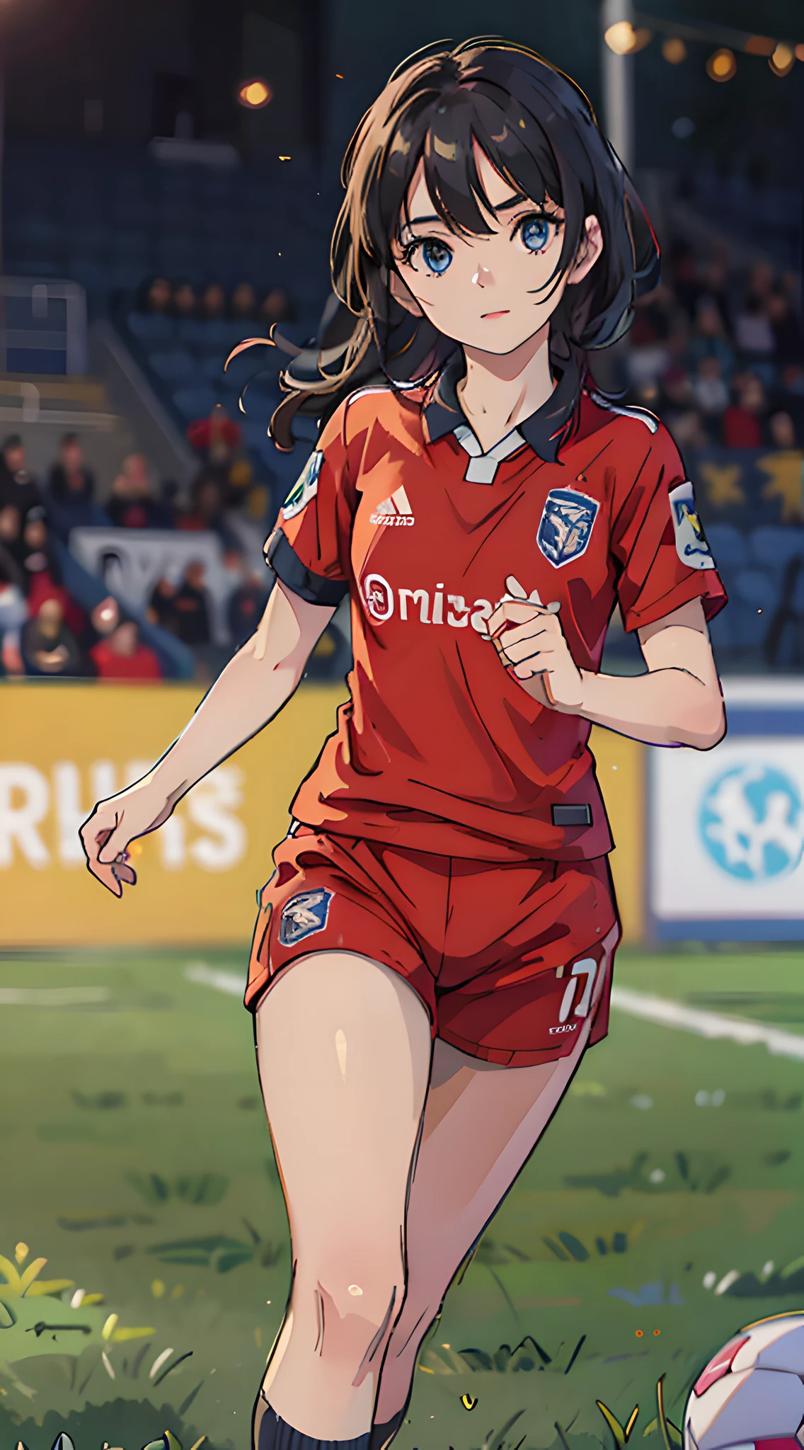 (masterpiece, best quality:1.2), 8k, official art, raw photo, absurdres, upper body, bravery face, solo, delicate girl, (soccer uniform:1.4), running, cinch waist, football grass ground, bokeh background, looking at viewer, thighs, tight clothing, sharp focus, HDR, highres, photography, realistic, highest detailed, extreme detailed, ultra detailed, finely detail, [:(detailed eyes and face:1.4):12]